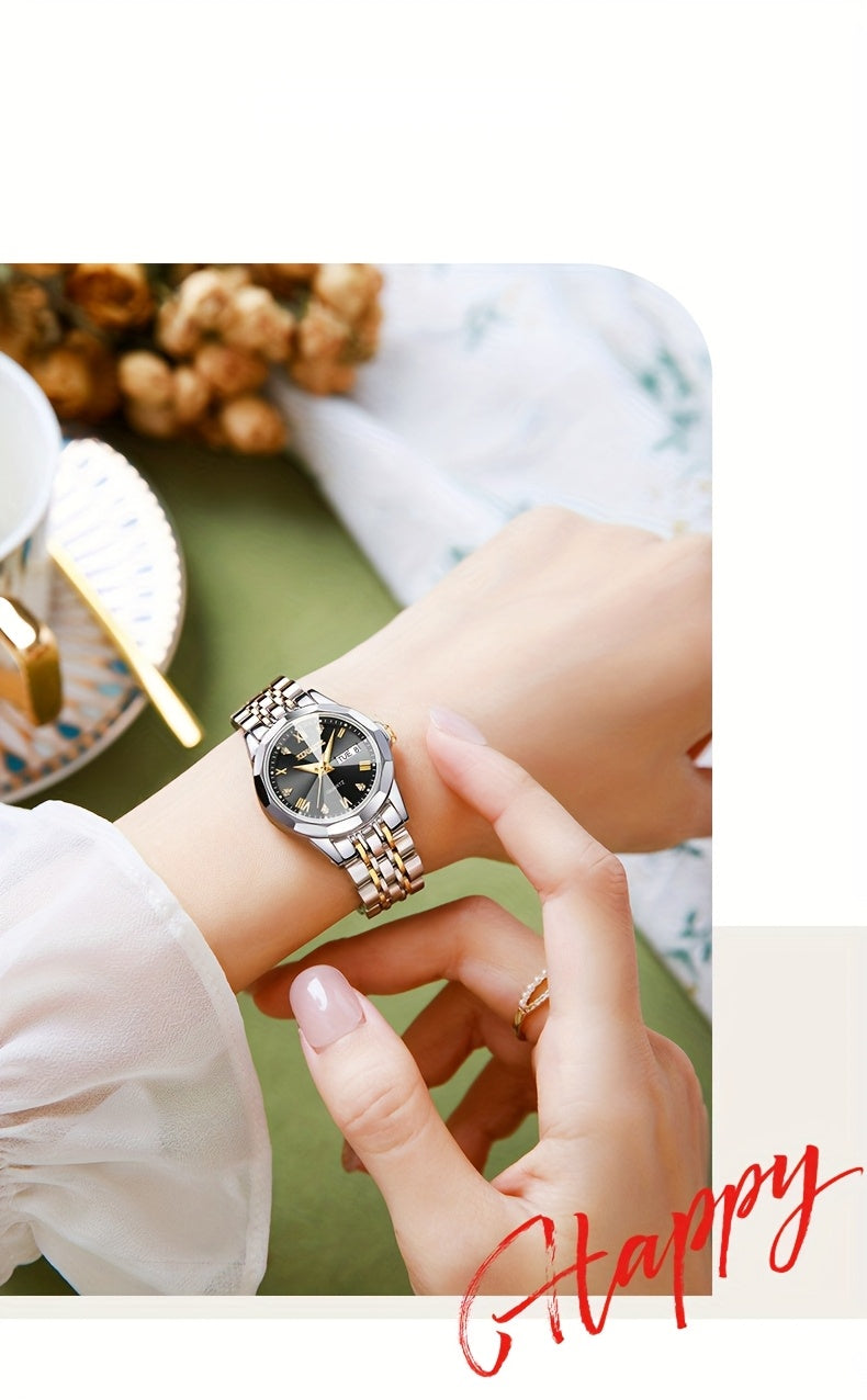 DEDIMA Women'S Luxury Stainless Steel Watch - Elegant Rhombus Design with Roman Numerals, Double Calendar, and Multifunctional Steel Strap
