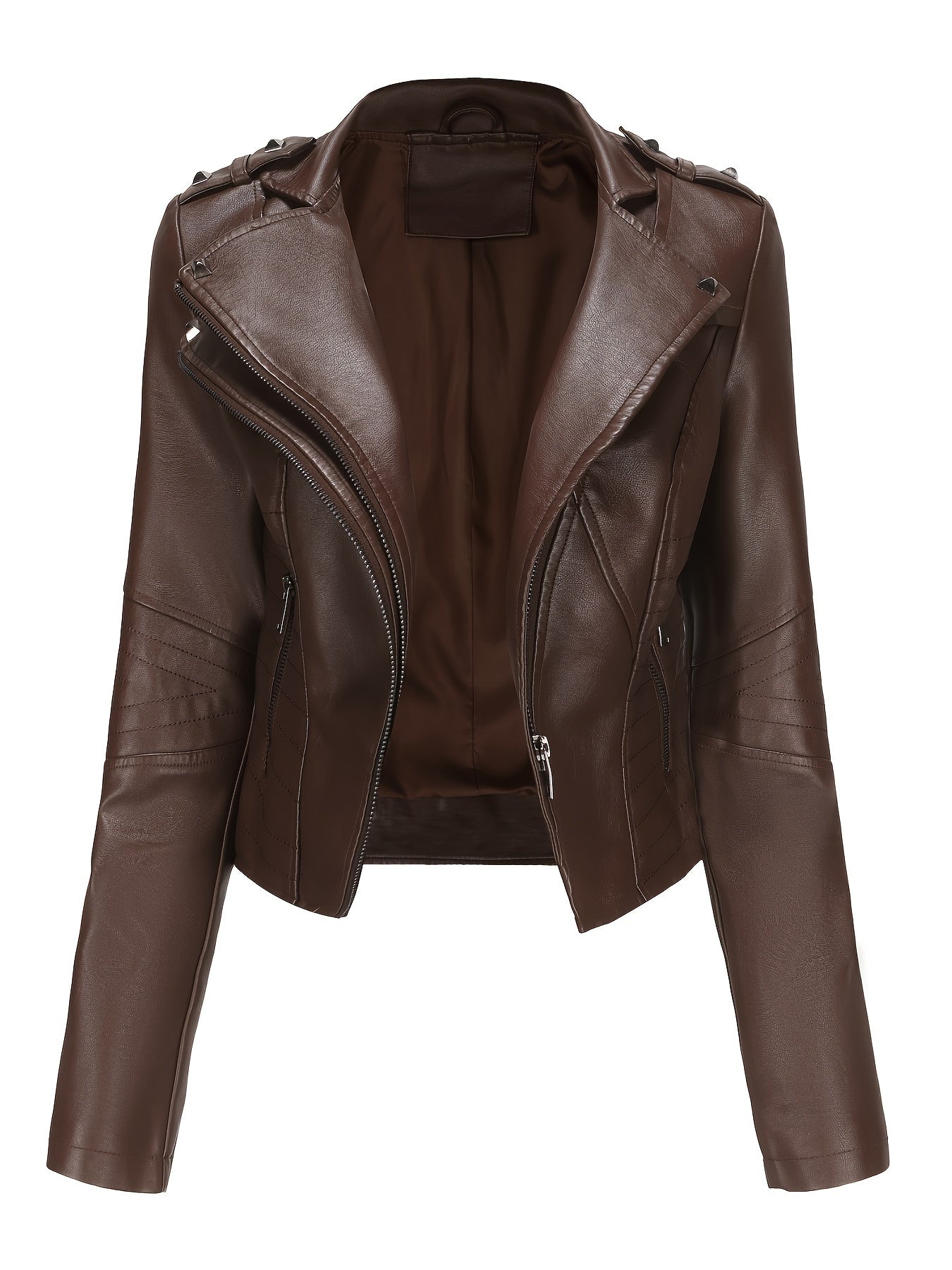 Women'S Casual Faux Leather Jacket, Solid Color, Long Sleeve, Regular Length, Fall/Winter, Zipper Placket, Woven, Non-Stretch Fabric, 100% Polyurethane, Lapel Collar, Dipped Hem Detail