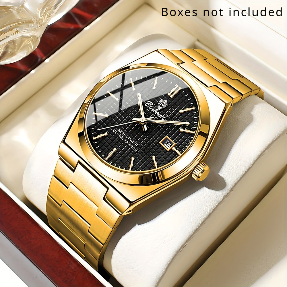 Binbond Luxury Men's Quartz Watch - Stylish Blue Dial, Rose Golden Accents, Waterproof Stainless Steel Band, Calendar Feature, Fashionable Business Design, Formal Accessory | Modern Quartz Watch | Rose Golden Details