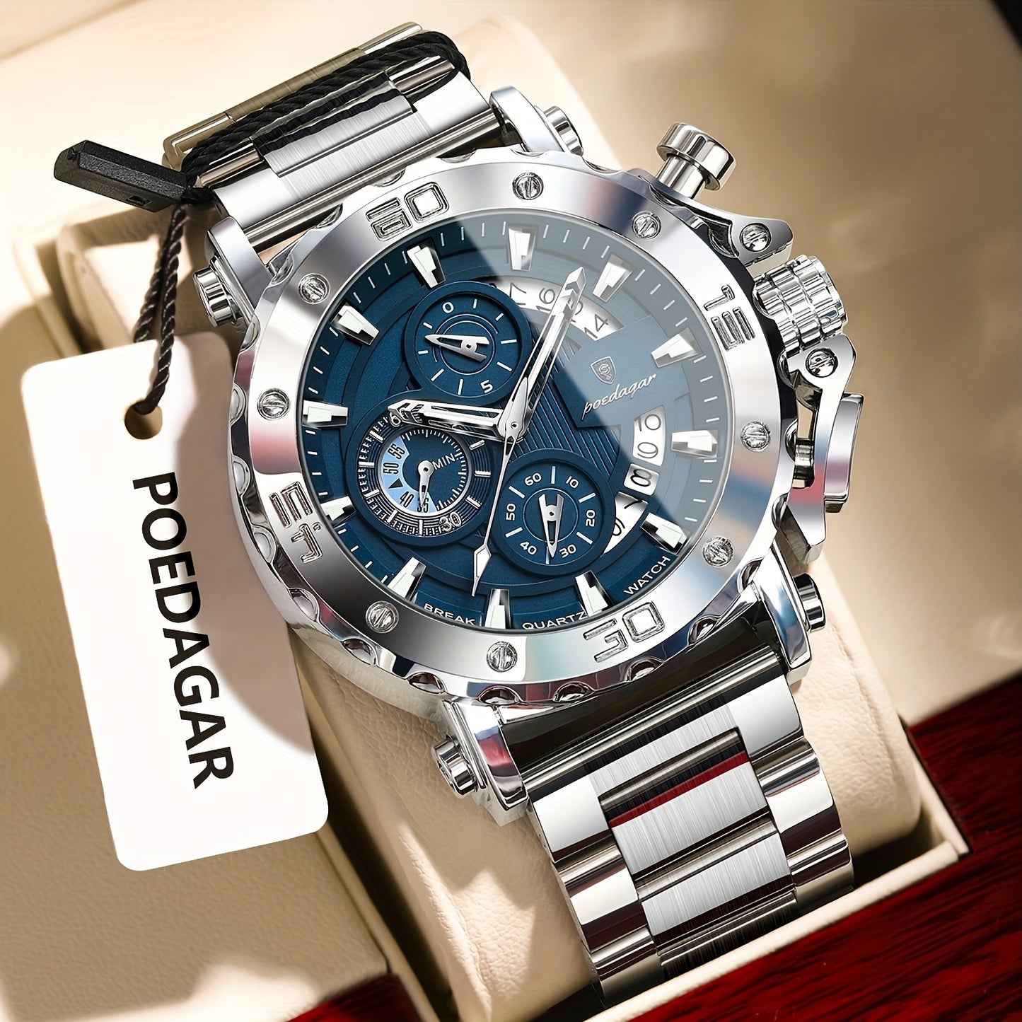 POEDAGAR Men'S Luxury Stainless Steel Business Watch with Date Display, 3ATM Blue Dial, Rotating Bezel, Alloy Case, Quartz Movement - Elegant Formal Accessory, Formal Accessory|Luxurious Watch|Quartz Movement Watch