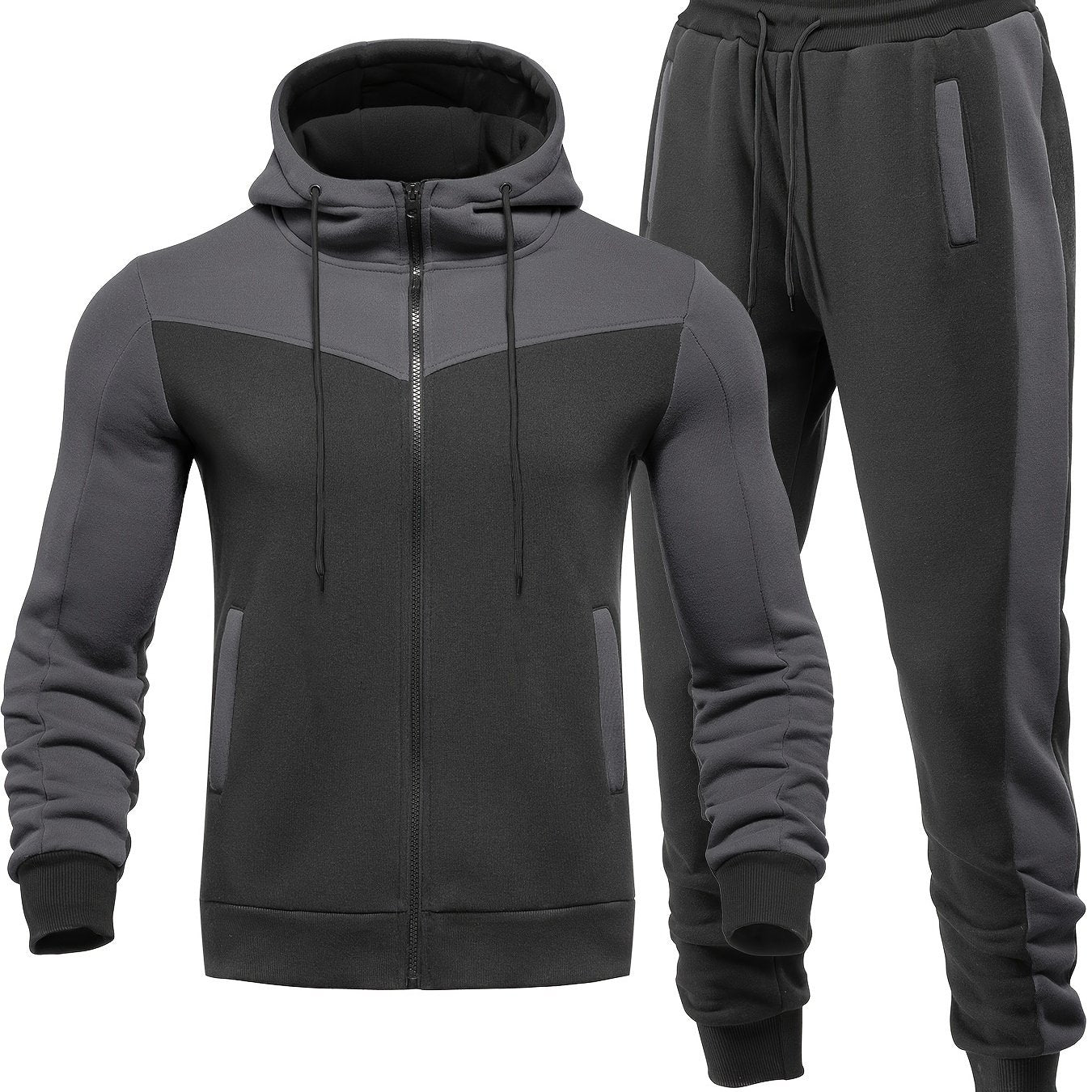 Men'S Casual Hoodie Set for Autumn And Winter, Featuring a Hooded Sweatshirt And a Sporty Cardigan in a Patchwork Design.