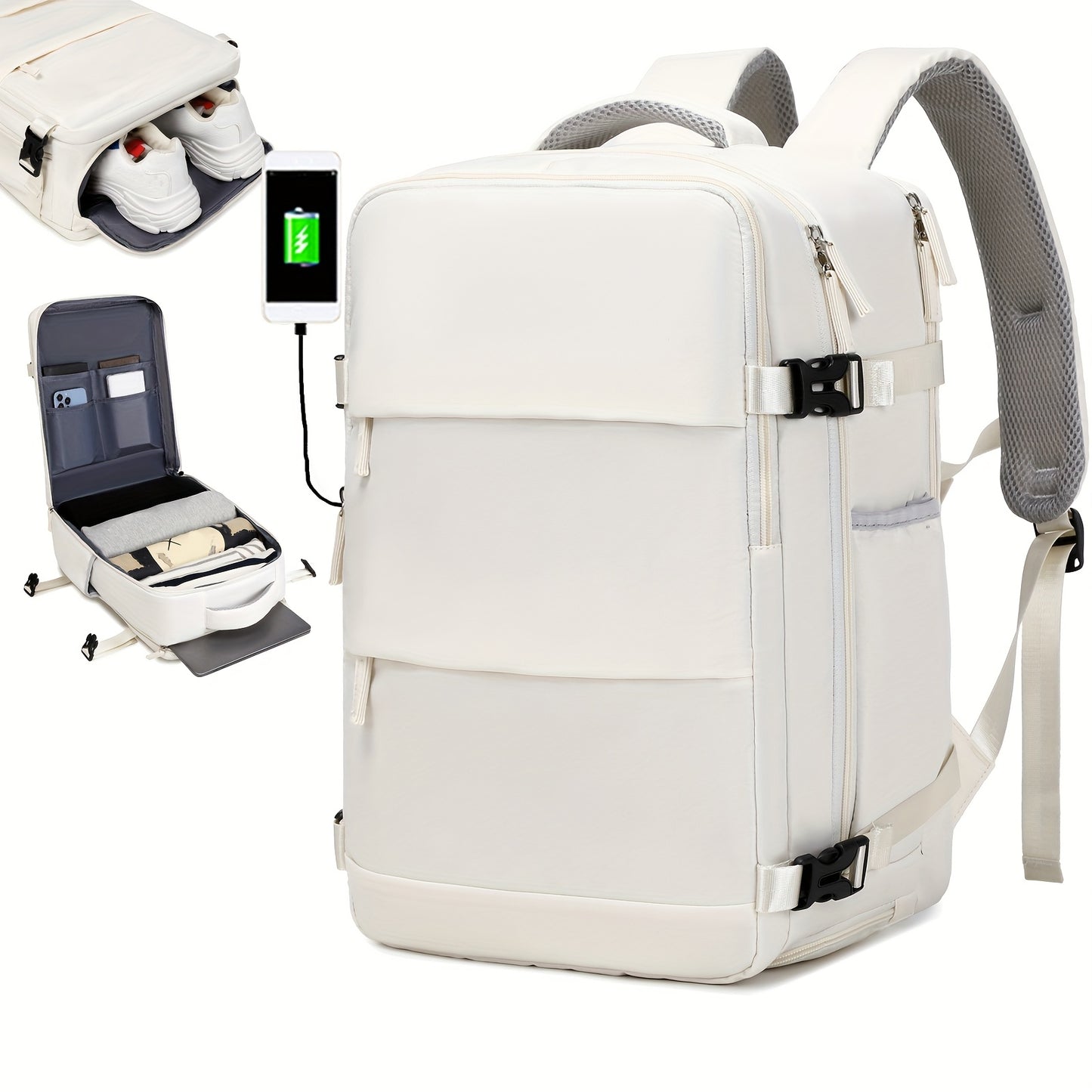 Large Capacity Women'S Travel Backpack with Shoe Compartment, Flight Approved Carry-On, Business Laptop Bag, Polyester Lined, Adjustable Strap, Zipper Closure, Solid White, USB Powered