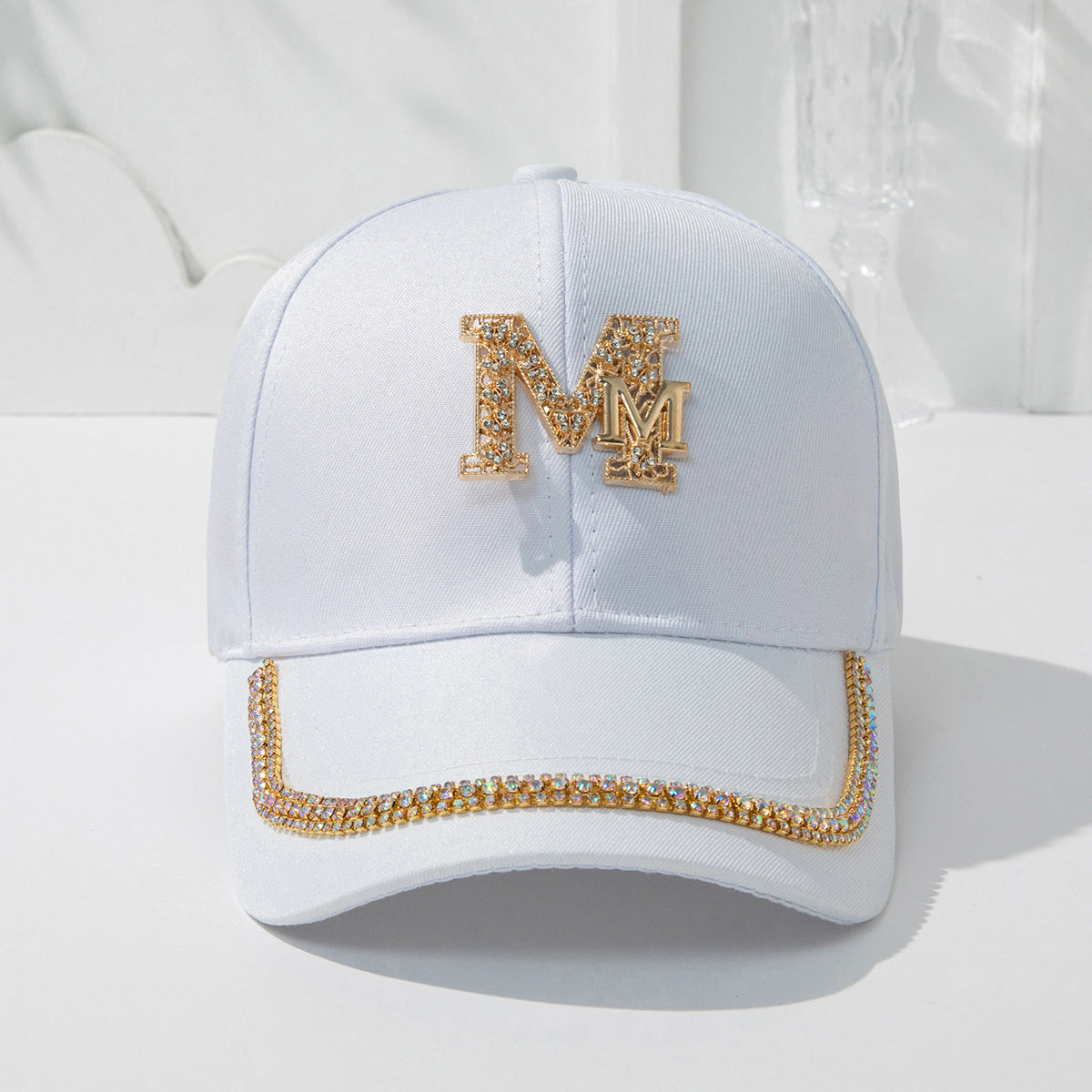 Women's Fashion Patch Baseball Cap With Metallic "M" Initial, Rhinestone Accents, Adjustable Snapback Cps, Wide Brim Sun Hats