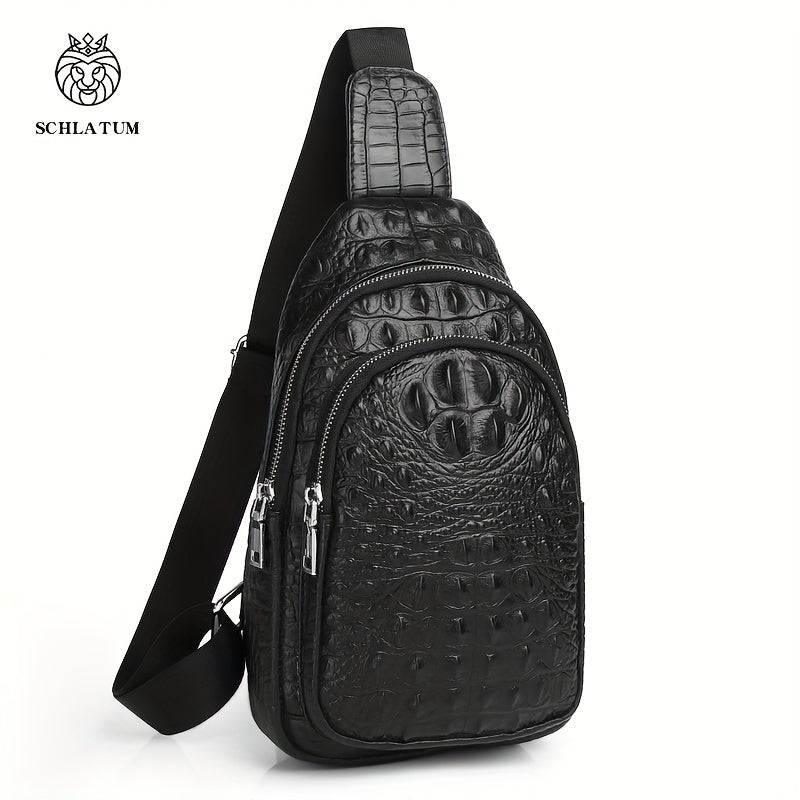 SCHLATUM Genuine Leather Crocodile Pattern Sling Bag - Black, Large-Capacity Multifunctional Crossbody Backpack for Travel, Sports & Camping, Stylish Zipper Closure Design