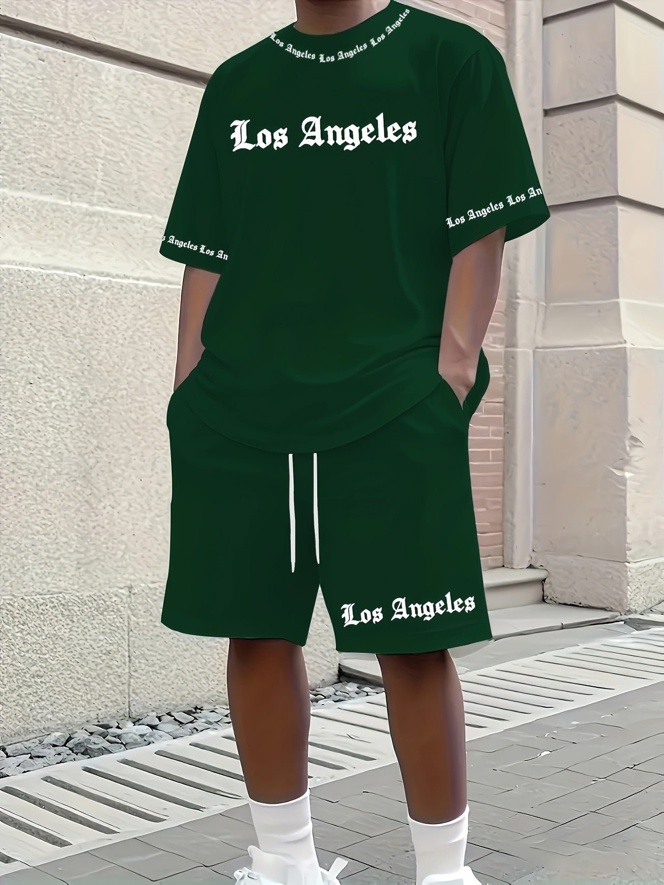 Men'S Los Angeles Graphic Print Casual Sportswear Set - Breathable Summer Short Sleeve T-Shirt & Drawstring Shorts with Pockets, Regular Fit, Crew Neck, Comfortable & Stylish for Casual Attire, Leisure Clothing | Trendy Sport
