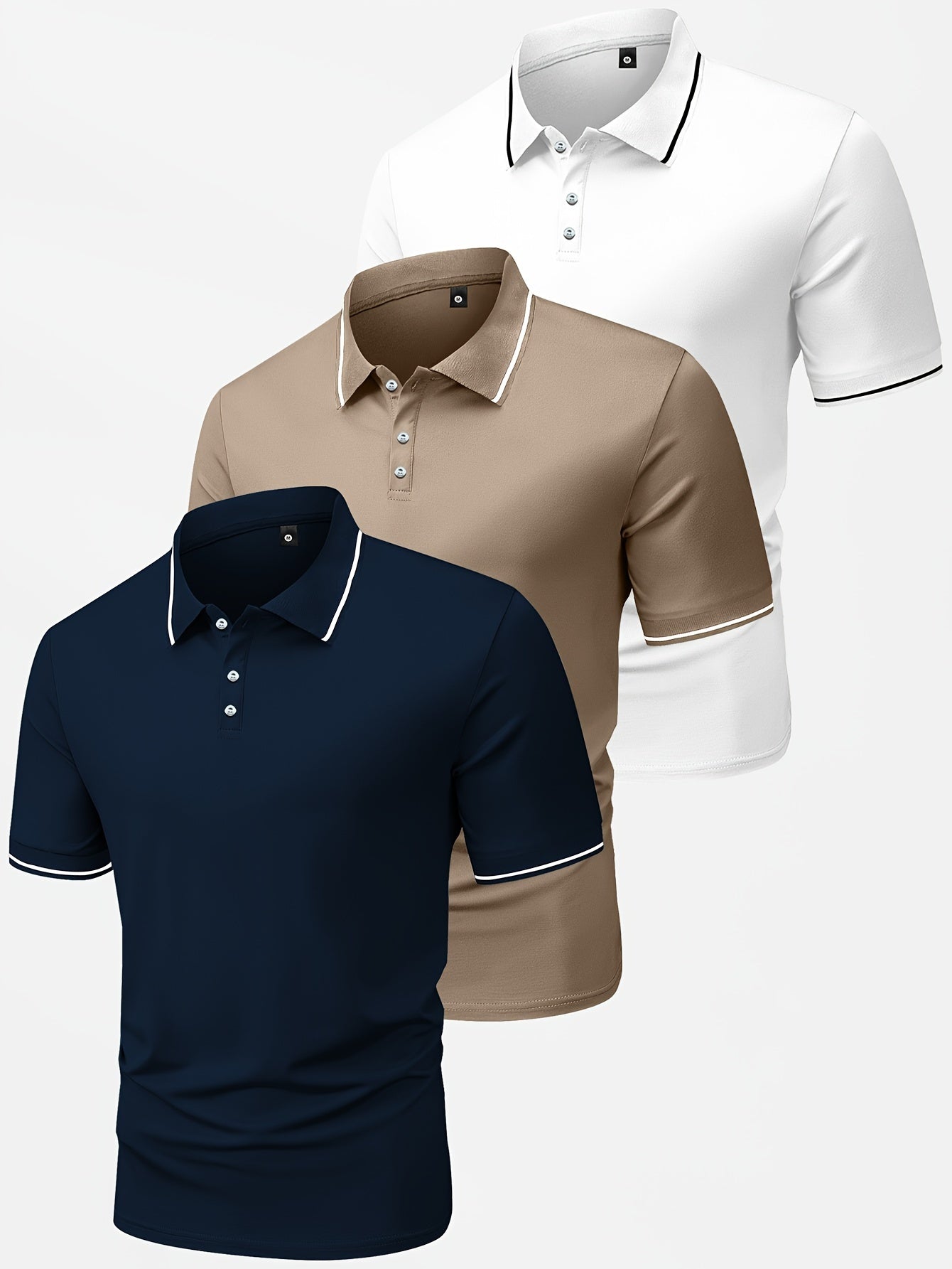 3pcs Men's Casual Fashion Shirts - Breathable Polyester, Short Sleeve, Button-Up with Classic Collar - Machine Washable, Summer Essentials in Black, White, and Beige