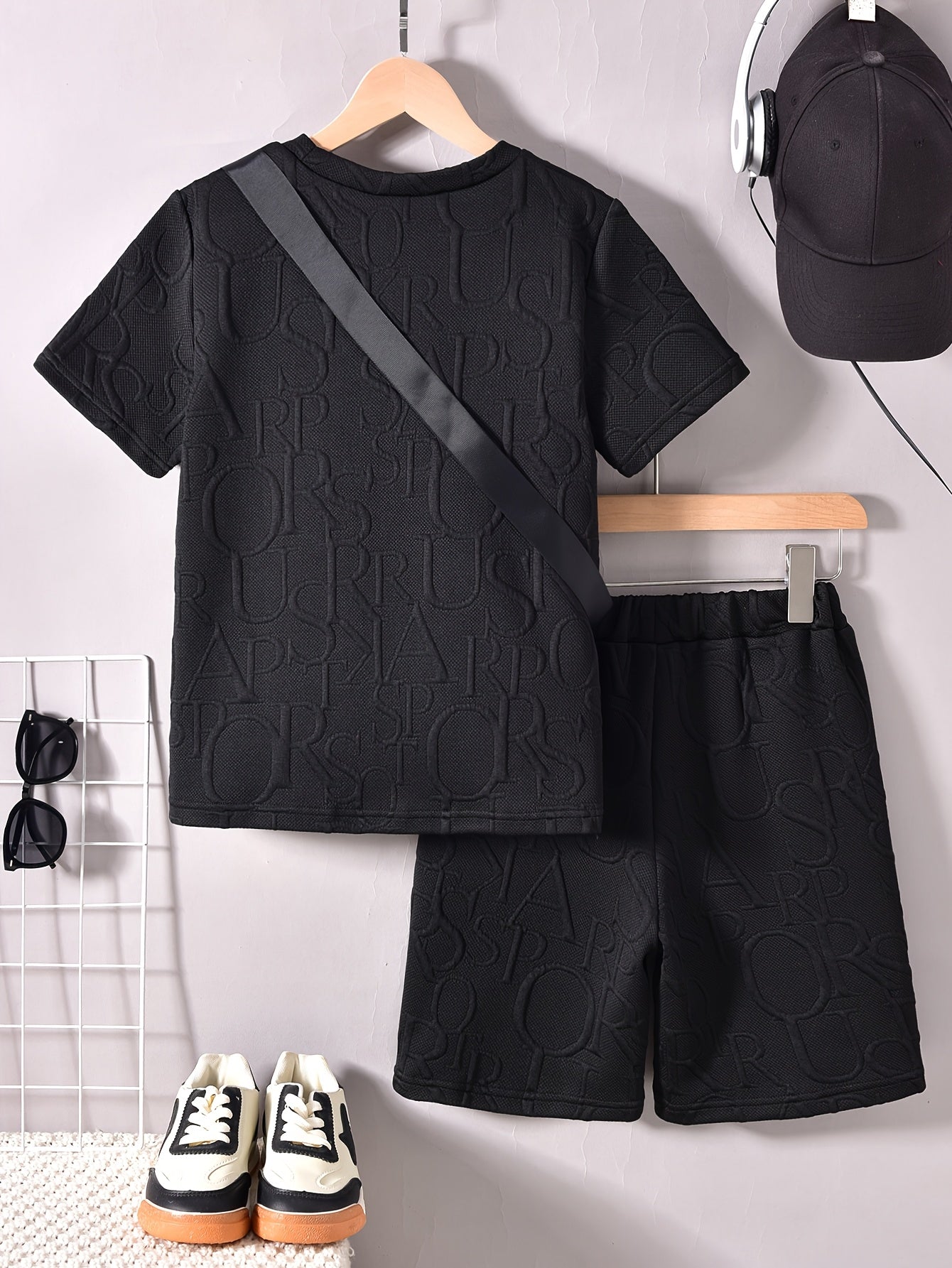 Boys' Stylish White Short Sleeve T-Shirt + Casual Shorts + Fashion Crossbody Bag Set, Perfect for Outdoor