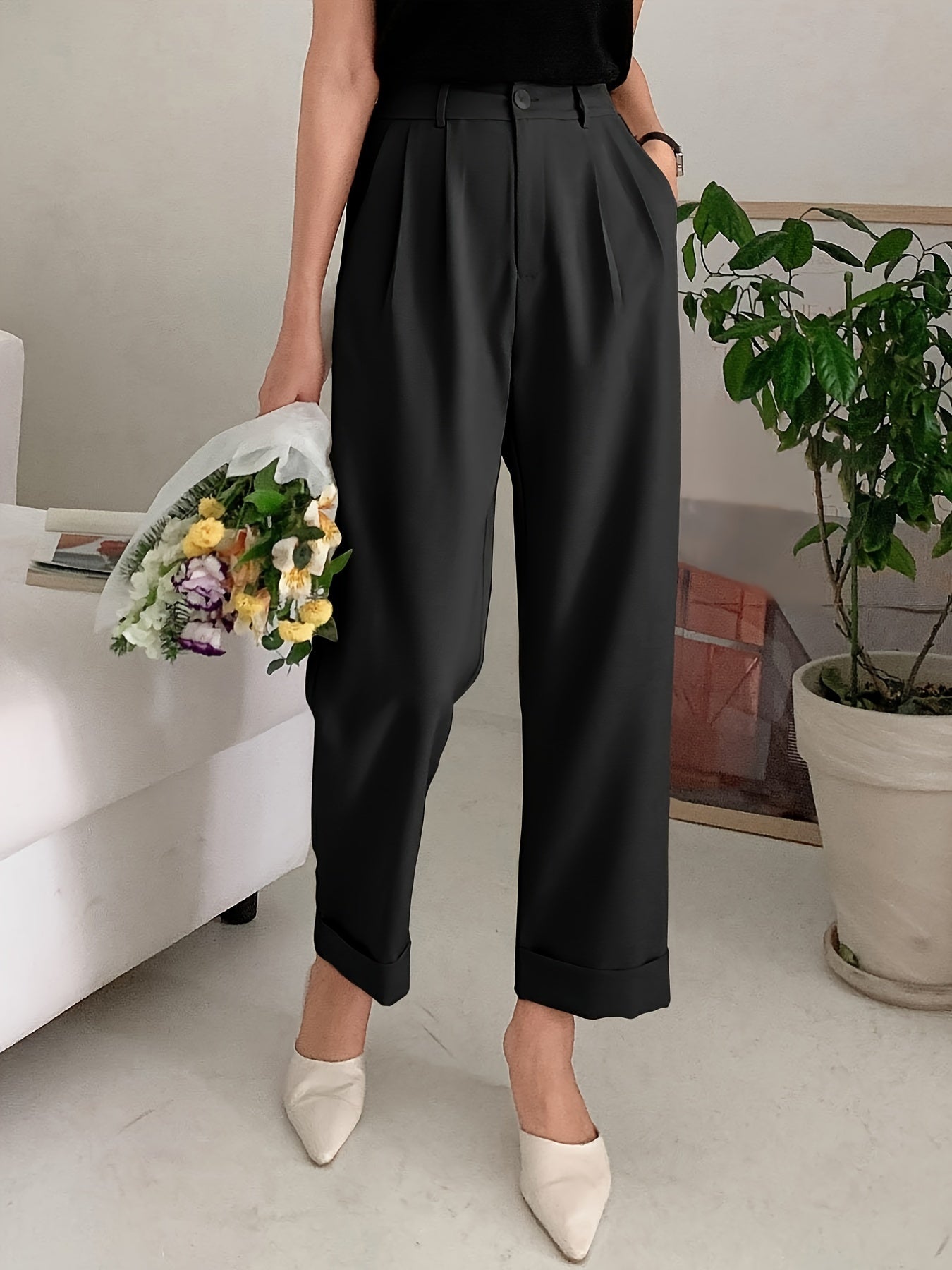 Slant Pockets Wide Leg Suit Pants, Casual Loose Pants For Spring & Summer, Women's Clothing