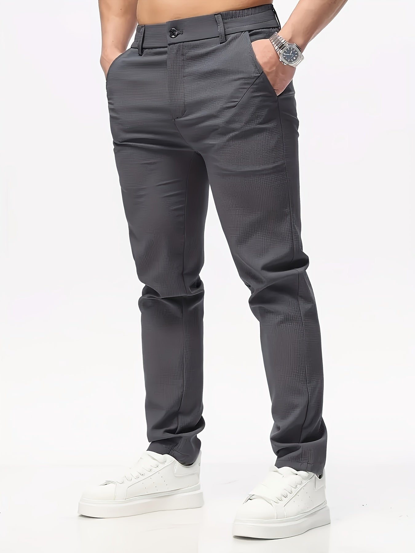 Men's Casual Solid Color Pants - Polyester, Machine Washable, Button Detail, Regular Fit for All Seasons