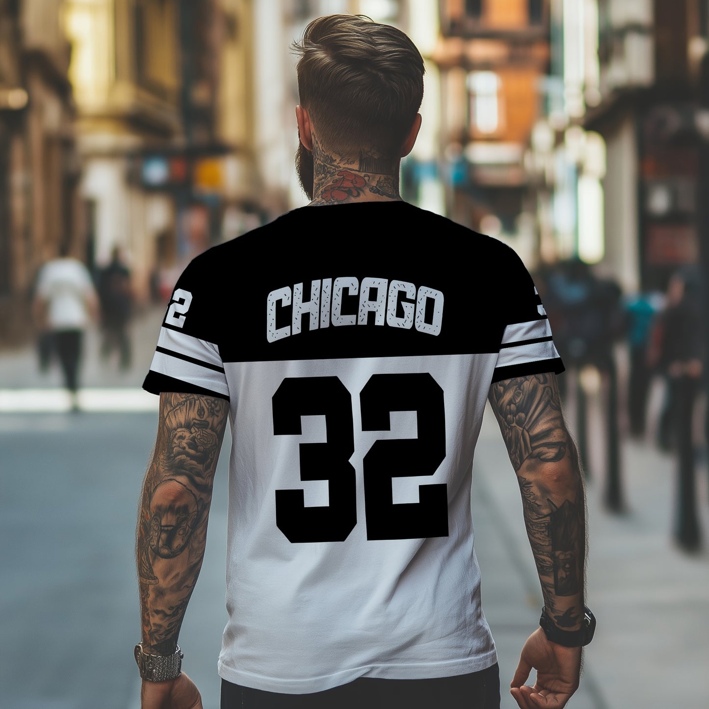 OBM Men's Chicago 32 Graphic Print T-Shirt - 100% Polyester Casual Short Sleeve Tee with Bold Numerals, Machine Washable Summer Streetwear Top, Chicago T Shirt, Urban Style, Sporty Look, Durable Material, Urban Lifestyle