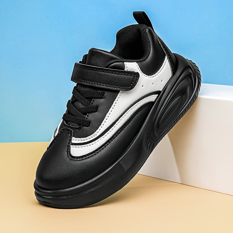 Youngsters' Stylish Athletic Footwear - Comfortable Non-Slip Soft Sole Walking Shoes for Boys & Girls, All-Season, Black & White with Hook and Loop Closure