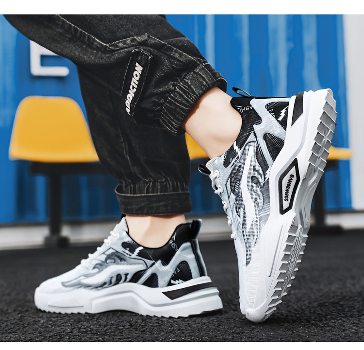 Men's Sneakers - Lightweight Cushioned Platform Sneakers with Lace-Up Closure, Non-Slip PVC Sole - Breathable Gym, Running, Casual Shoes in Grey/Black colorway - for Everyday & Light Hiking, Gym Shoes