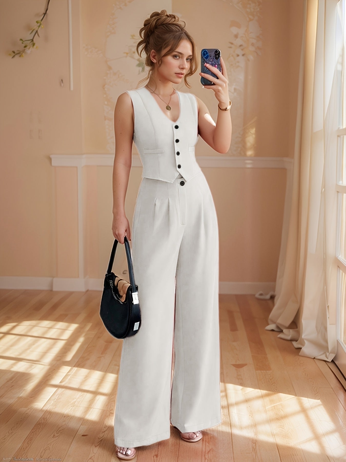 Design-Savvy Red Mini-Chic Sleeveless Suit Vest and Wide-Leg Pants Two-Piece Set