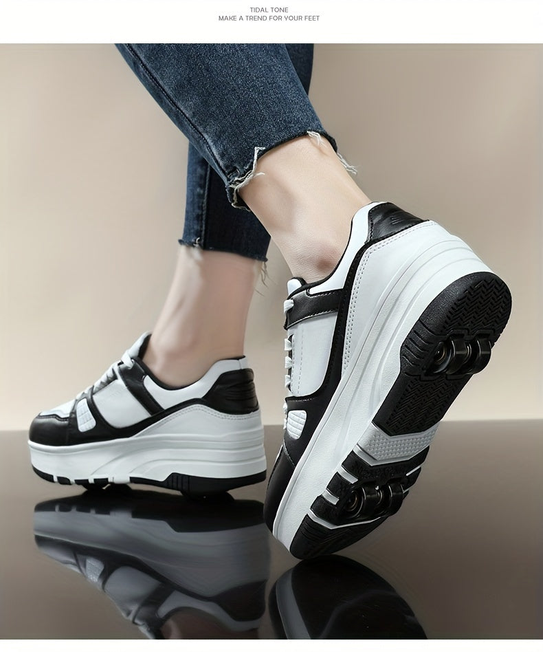Boys' Fashion Roller Skate Footwear - Non-Slip Dual Wheel, Lace-Up with Durable Buckle Straps, Black & White, Suitable for All Seasons