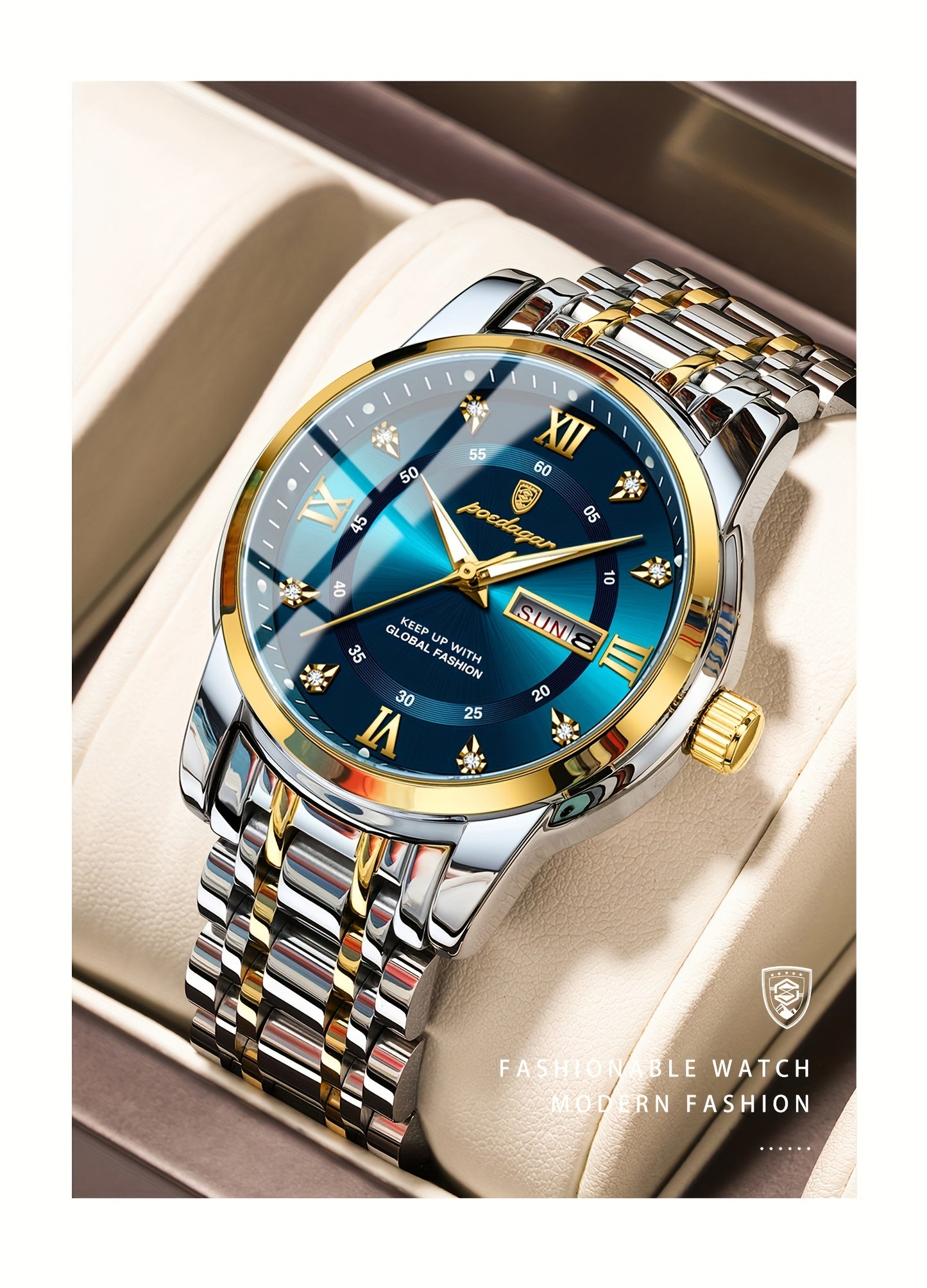 POEDAGAR Men&Women&Apos;S Calendar Week Luminous Stainless Steel Watch - Trendy Casual Quartz Wristwatch with Blue Dial, Roman Numerals, And Date Display, Ideal Gift for Sports Enthusiasts, Casual Wear Watch | Trendy Casual W