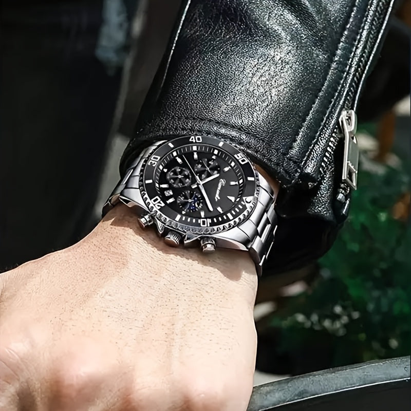 1pc New Fashion Stainless Steel Luxury Quartz Watch, High-end, Casual, Round Dial, Multi-scale, Night Light, Date Display, with Birthday, Holiday, Anniversary, for Men, Travel, Party