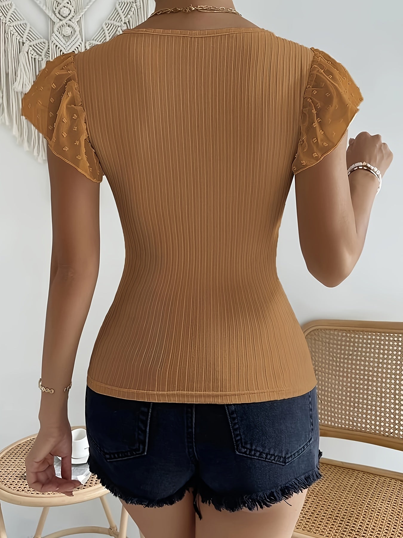 Women's V-Neck Lace Sleeve Top - Middle Eastern-Inspired Breathable Stretchy T-Shirt, Solid Blue Machine Washable Spring/Summer Casual & Formal Wear, Summer Outfit, Feminine Style, Comfortable Fit, Stylish Blouse, Summer Ward