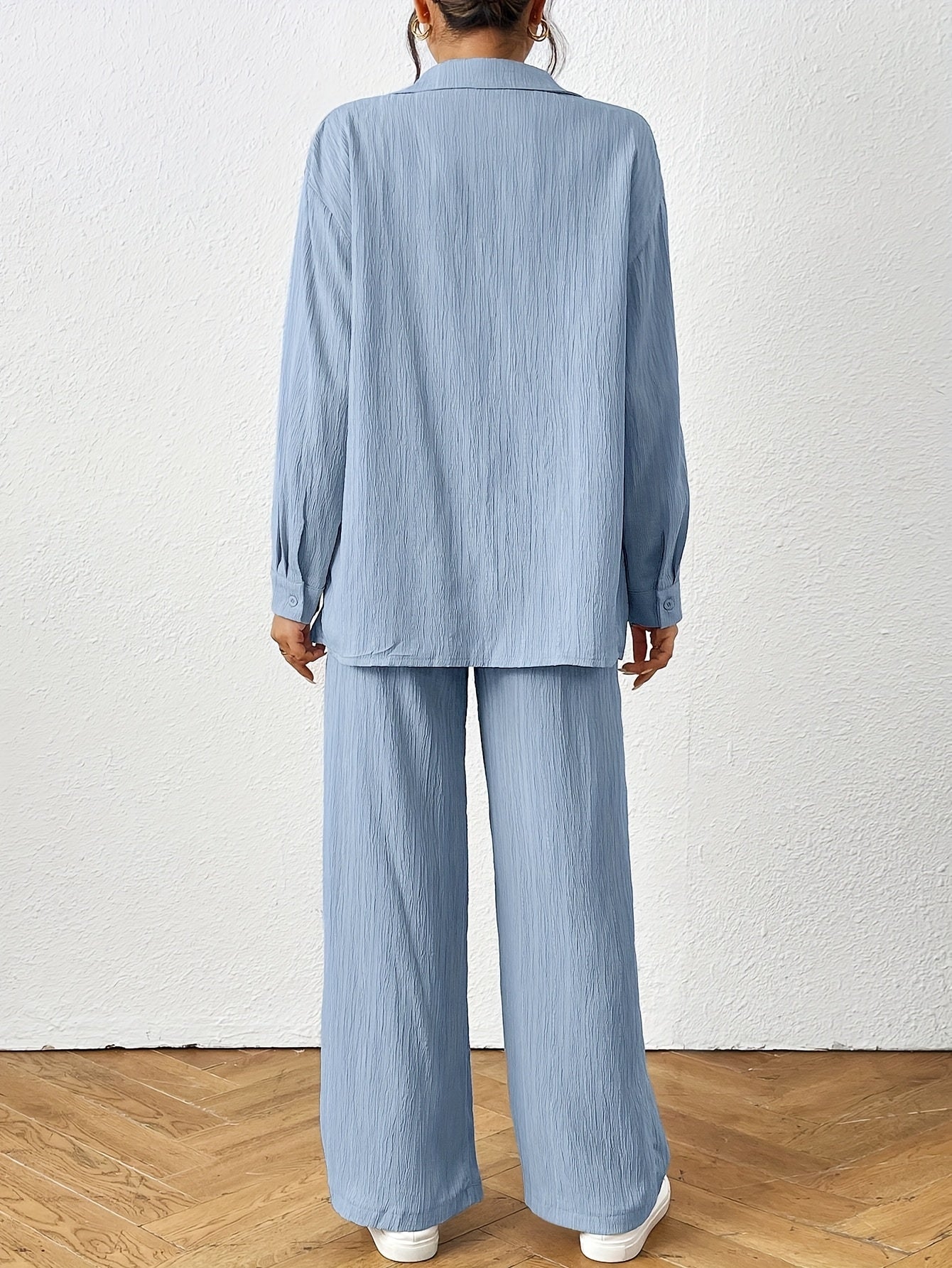 2pcs Women Spring & Autumn Casual Solid Color Long Sleeve Shirt And Pants Set
