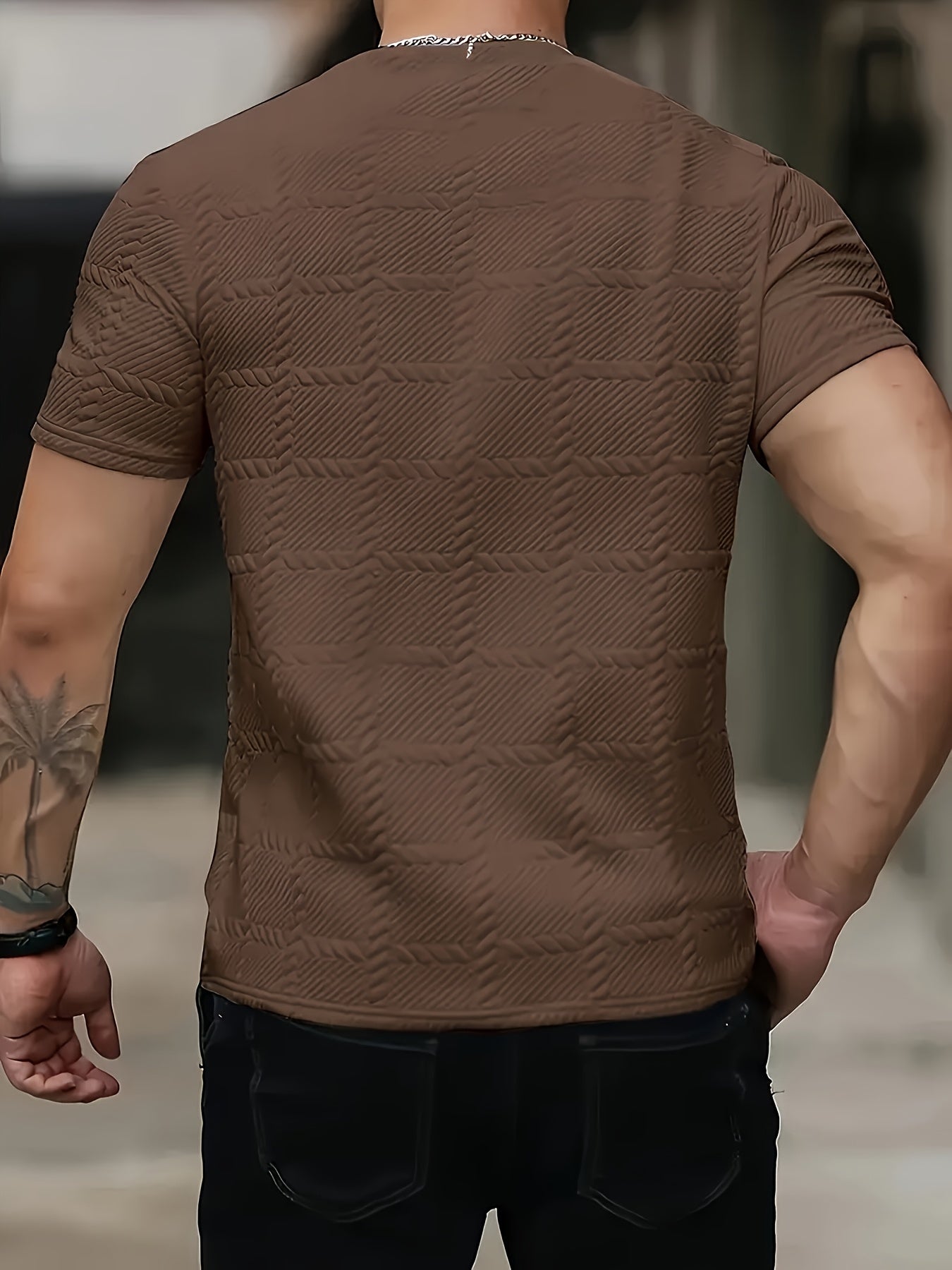 Men'S Casual Jacquard Knit Short-Sleeve T-Shirt - Featuring a Stylish Geometric Pattern, Round Neck, Comfortable for All Seasons, Perfect for Casual Wear.