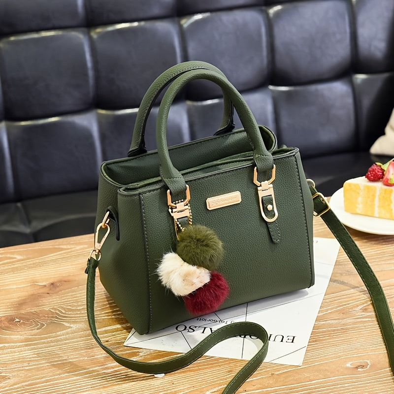 Stylish Lychee Pattern Handbag with Adjustable Strap and Pom Pom Ball Charms - Versatile Shoulder Handbag for Women in Black, Army Green, Khaki, Light Grey, Dark Grey, Red, Crossbody Purse, Charming Pom Pom Accents, Metallic
