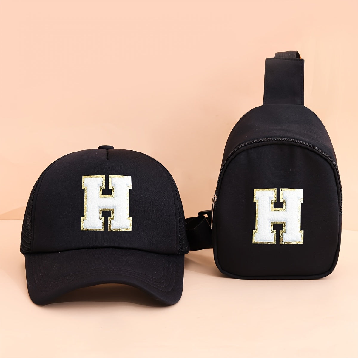 2pcs Kids' Printed Alphabet Pattern Set, Includes 1 Black Stylish Breathable Trucker Hat and 1 Black Crossbody Bag, Lightweight Sun Hat with Small Coin Purse, Suitable for Boys and Girls Aged 5-10 for Daily Outings and Back-t