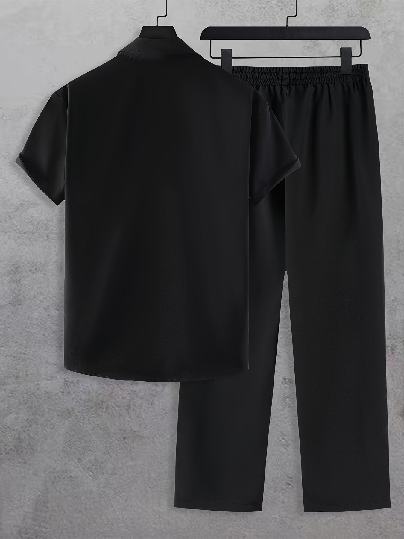 Men'S Casual Summer Crown Print Short Sleeve Button-Up Shirt & Pants Set - Black, Relaxed Fit, Non-Stretch Fabric, Lapel Collar, Stylish for Casual Attire, Casual Attire|Crown Print Design|Relaxed Fit Pants, Crown Shirt