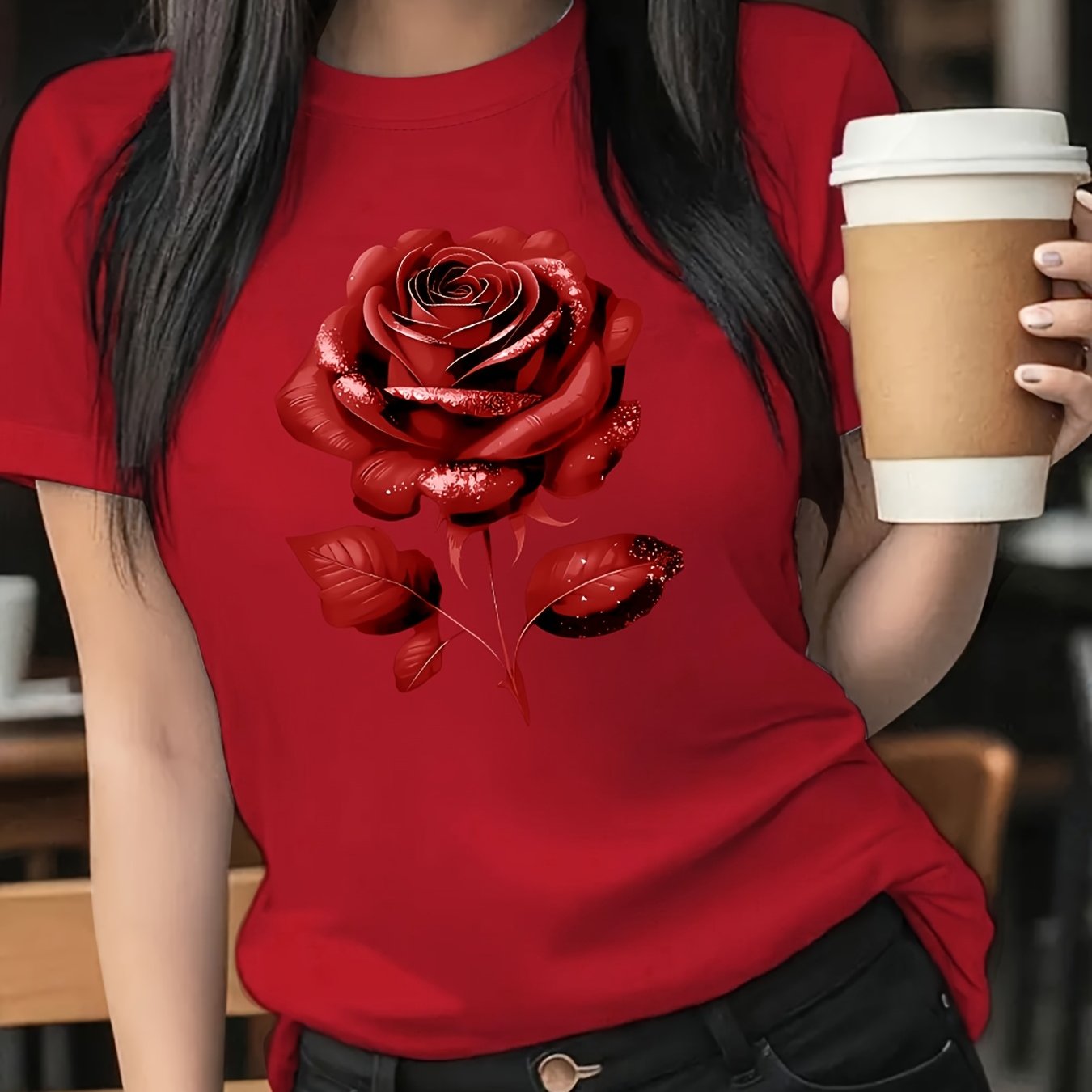 The Black Roseprint t-shirt, short sleeve crew neck casual top for summer & spring, Women's clothing gift