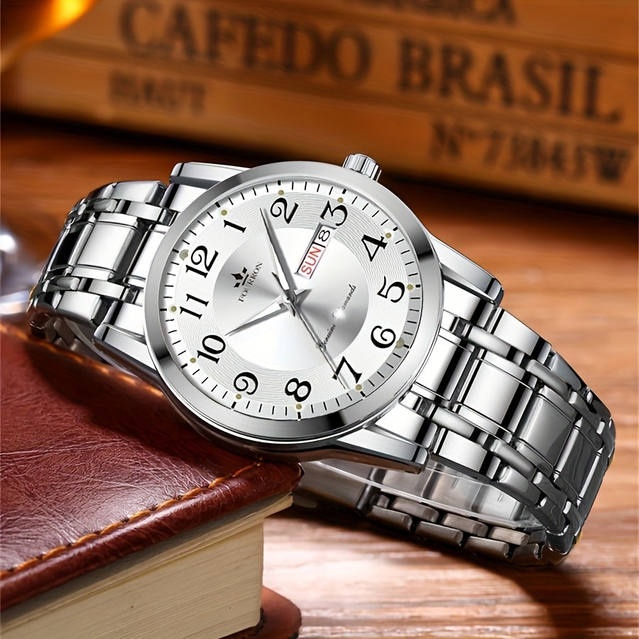 FOURRON Men's Quartz Watch - Trendy and Fashionable Appearance Stainless Steel Band with Luminous & Date Display, Ideal Gift for Birthdays & Holidays, Sunday Calendar Display, Multifunctional Watch, Casual Fashion, Gift for R