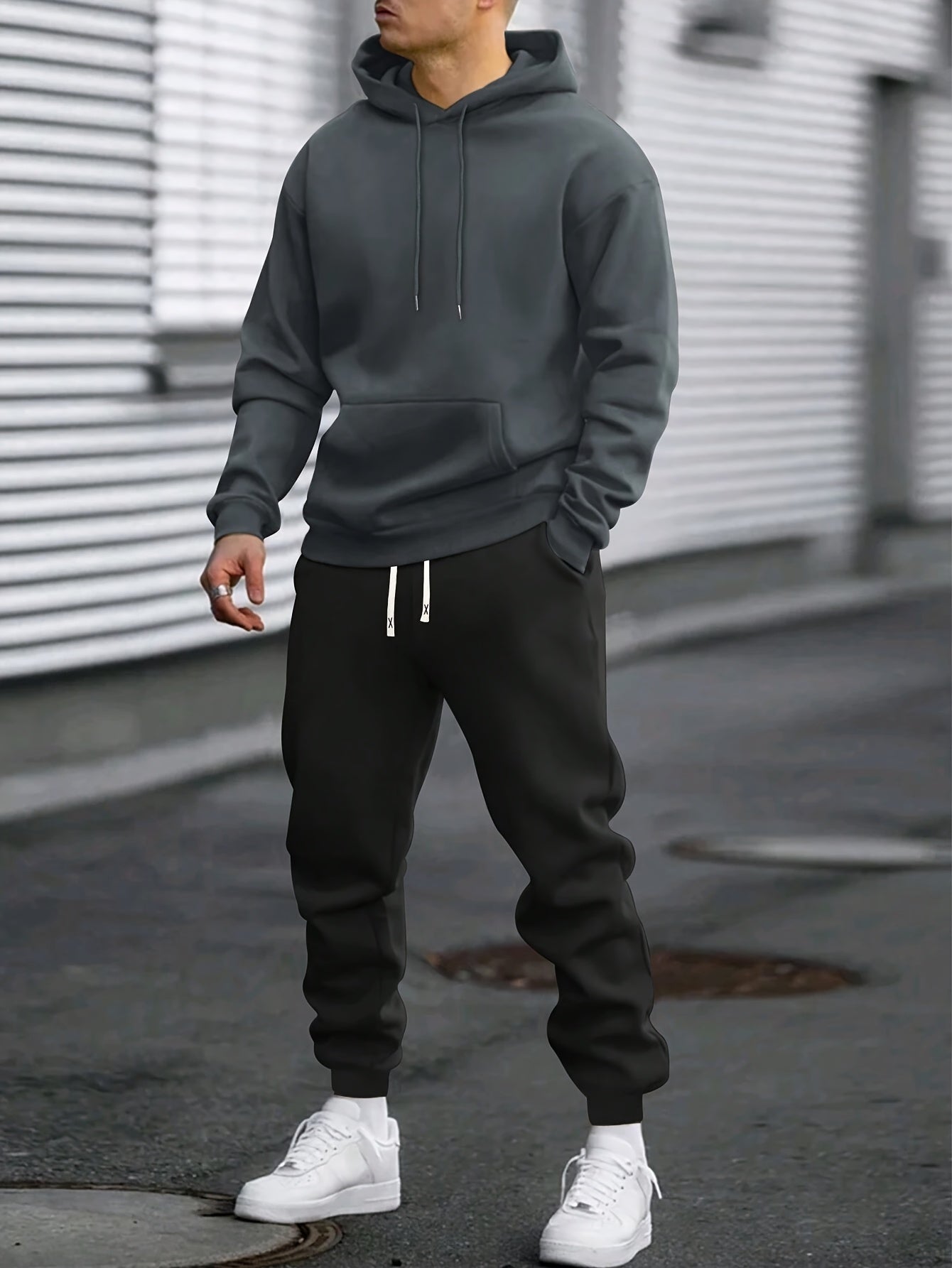 1set Men'S Casual Sports Suit, Polyester Hooded Sweatshirt and Jogger Pants Set, Solid Color, Elastic Waist, Cuffed Ankles, Knit Pullover with Pockets, Regular Fit for Outdoor Running and Jogging - Spring/Autumn Collection