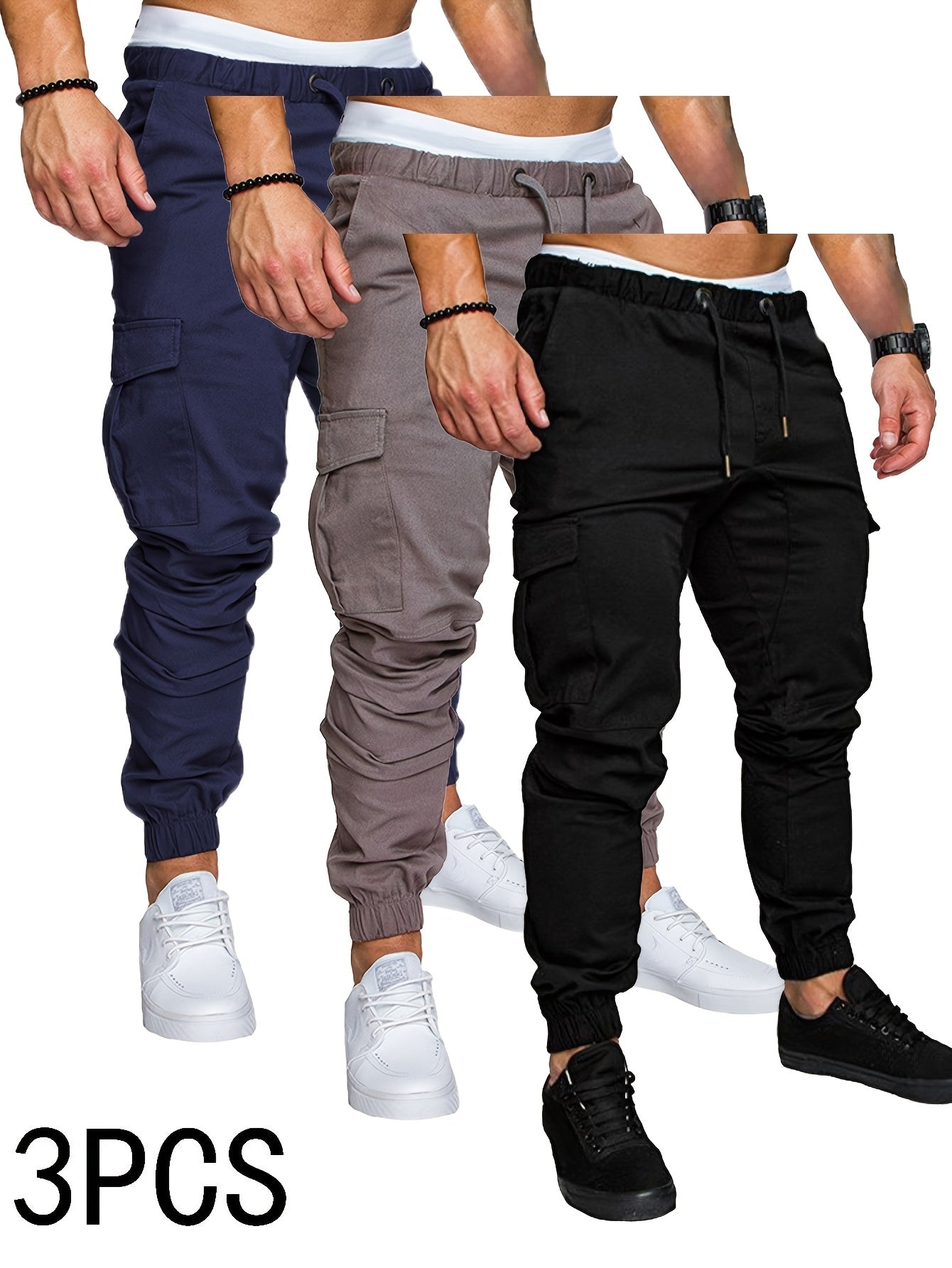 3-Pack Men'S Casual Cotton Cargo Pants, Solid Color, Non-Stretch, Regular Length, Drawstring Waist, Four Seasons, Standard Fit, Woven Fabric