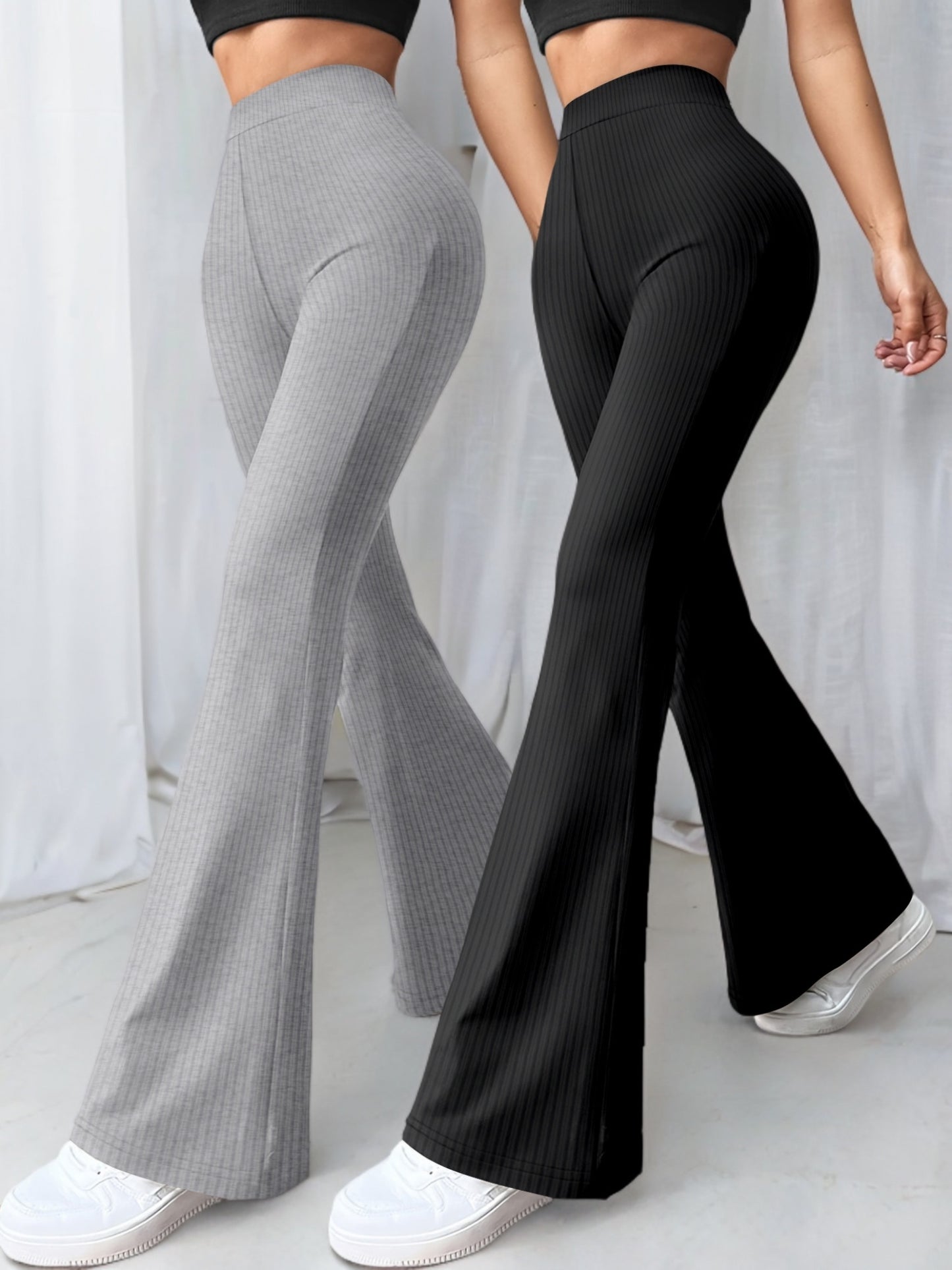2-Pack Women'S High Waist Flare Leg Pants, Casual Stretchy Yoga Sports Trousers, 96% Polyester 4% Spandex, All-Season Knit Fabric, Solid Color Long Length Pants for Women