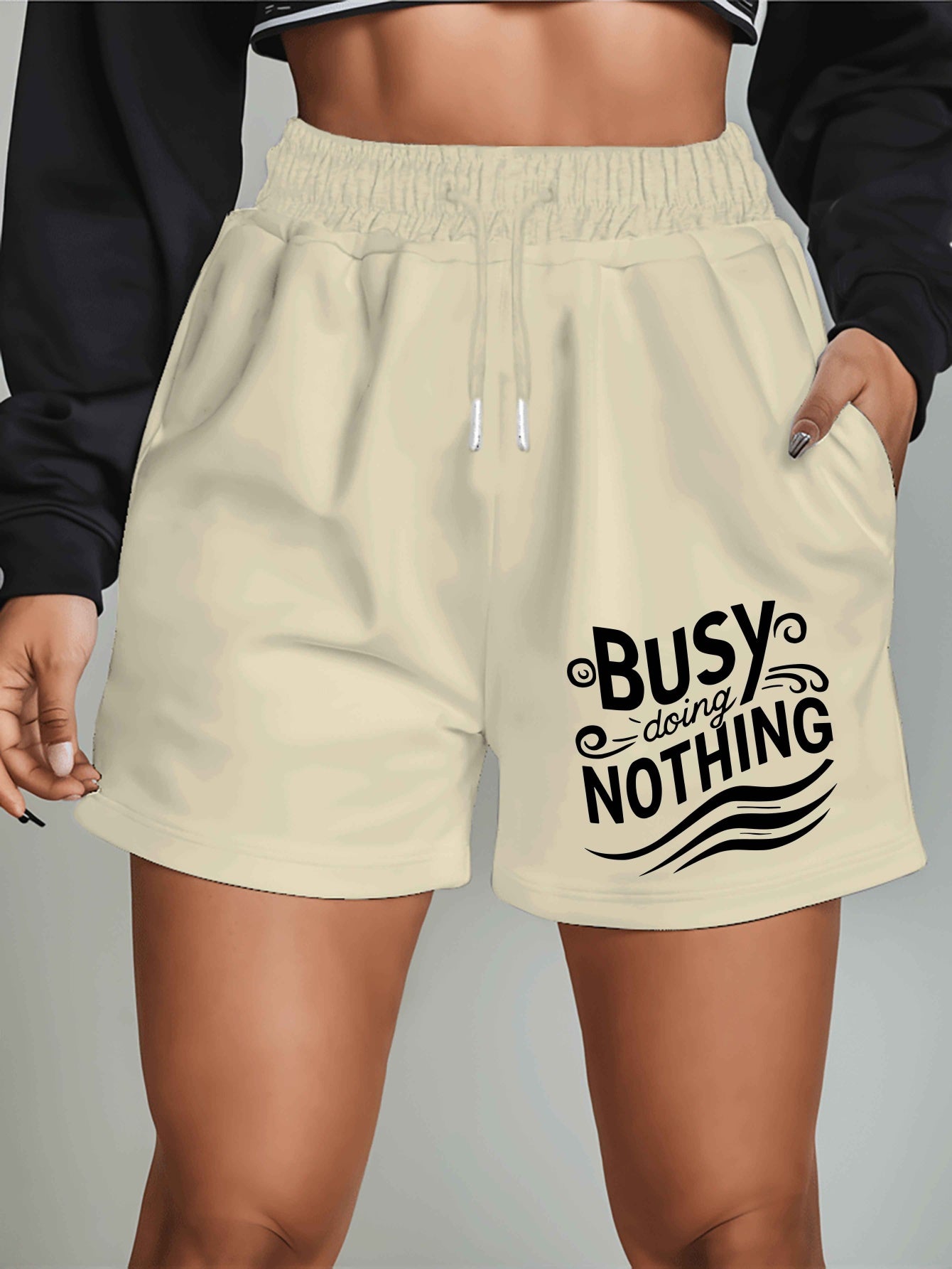 Busy doing nothing 2025 New Plus Size Women'S Shorts Summer Casual Versatile Medium Pants Sports American Trendy Outerwear Extra Large Five-Fifth Pants Summer Beach Pants - Polyester, Casual, Summer, Track Shorts, Slight Stre