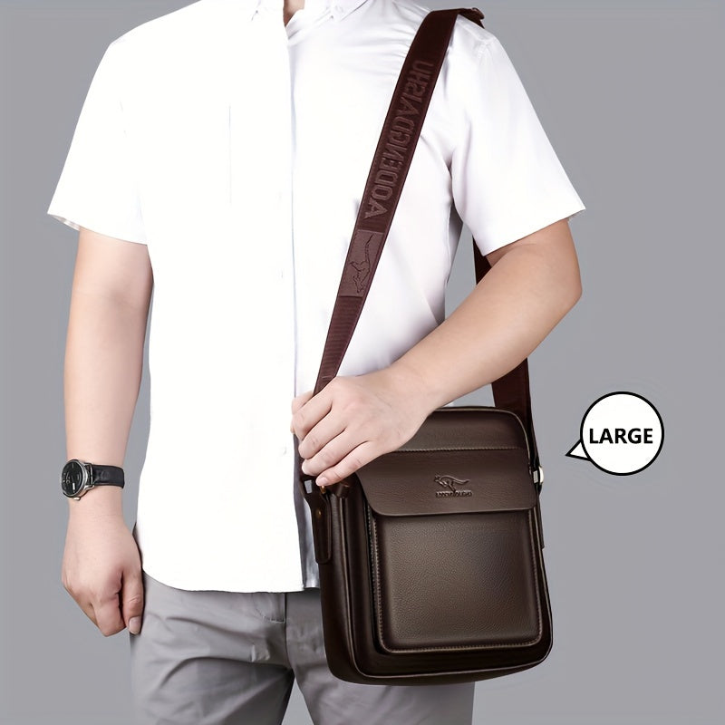 DOSHENG Men's Stylish Black Synthetic Leather Crossbody Bag - Adjustable Strap, Multi-Compartment Business Casual Satchel with Embossed Dinosaur Logo for Office Use, Versatile Crossbody Bag | Stylish Men's Accessory | Metalli