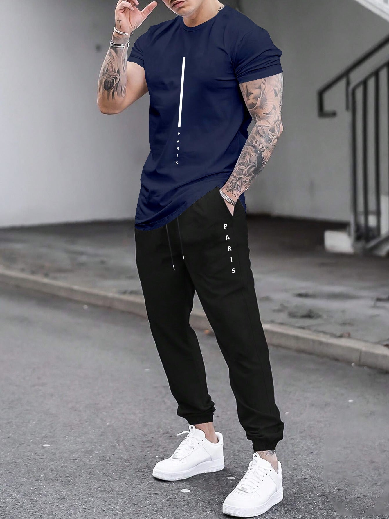 1set Men'S Casual Sportswear Set, Geometric Pattern Short Sleeve T-Shirt and Drawstring Joggers, Knitted Polyester and Elastane Blend, Round Neck, Regular Fit, Four Seasons Outfit