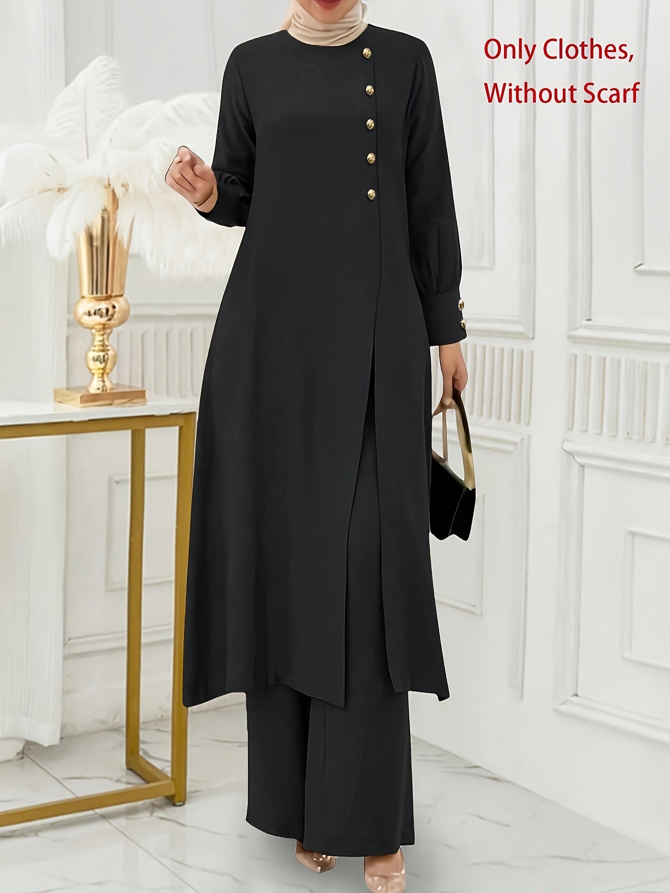 Ramadan, Women's Front-Button Long Sleeve Slit Dress & Pants Casual Arabic Style 2pcs Set, Only Clothes, Without Headscarf