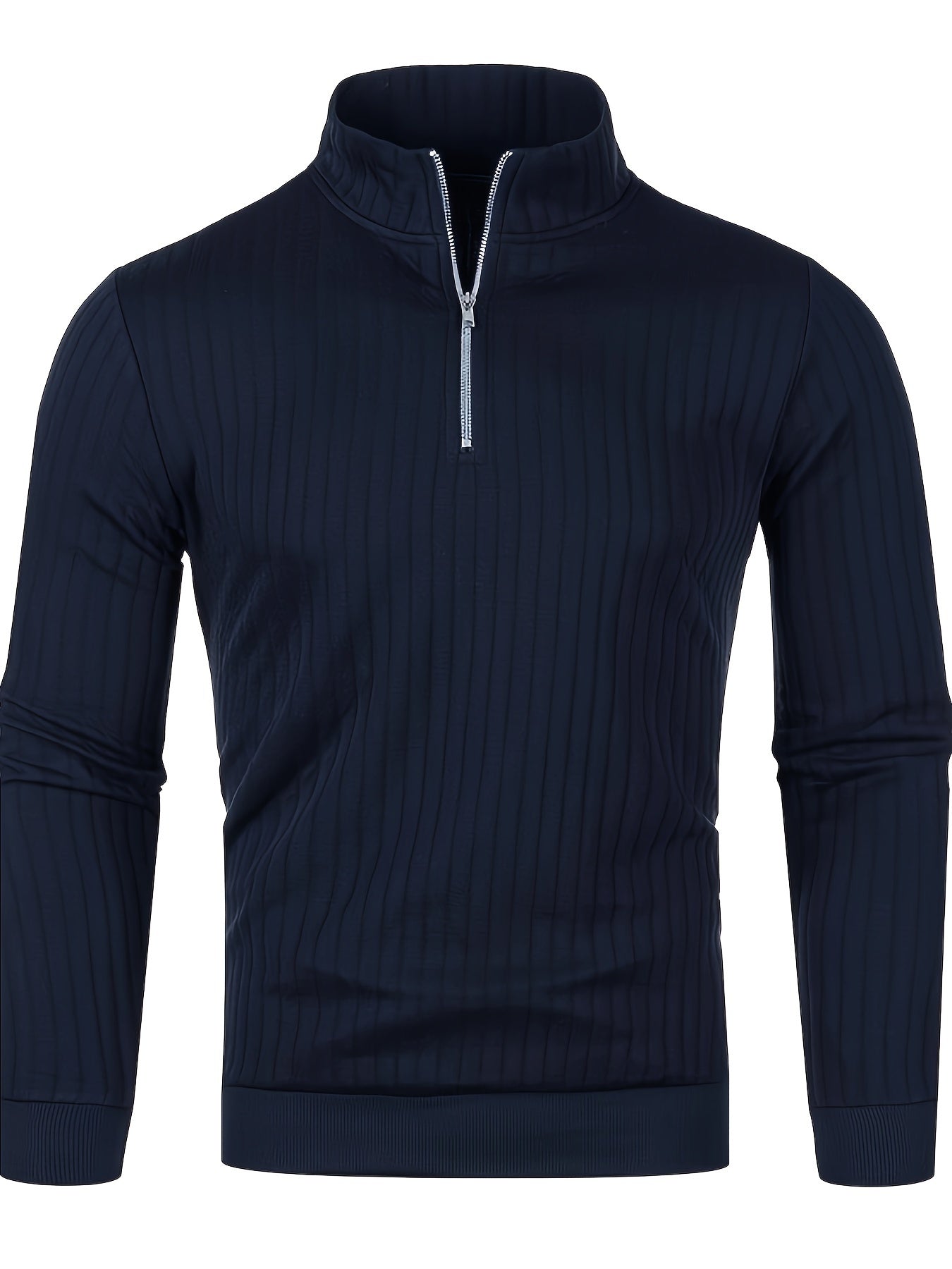 Men'S Casual Polyester Sweater, Solid Color, High Neck Quarter Zip, Long-Sleeved Pullover, Regular Fit, 100% Polyester Knit Fabric, 230g/m² - Fall/Winter Essential