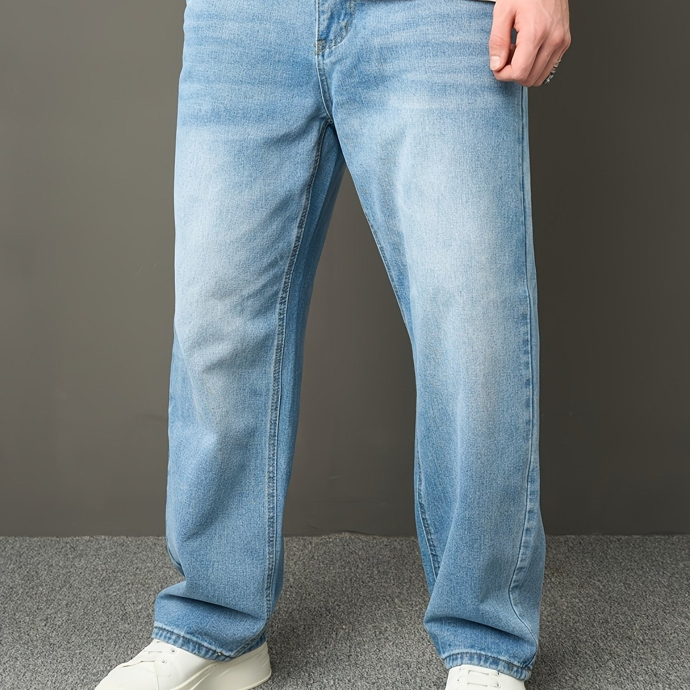 Men's High Street Fashion Solid Color Loose-Fit Denim Jeans, Casual Straight Leg Pants with Raw Wash Detail, Non-Stretch Fabric, All-Season Basic Style, Allseason Jeans | Classic Blue Jeans | Durable Jeans Construction