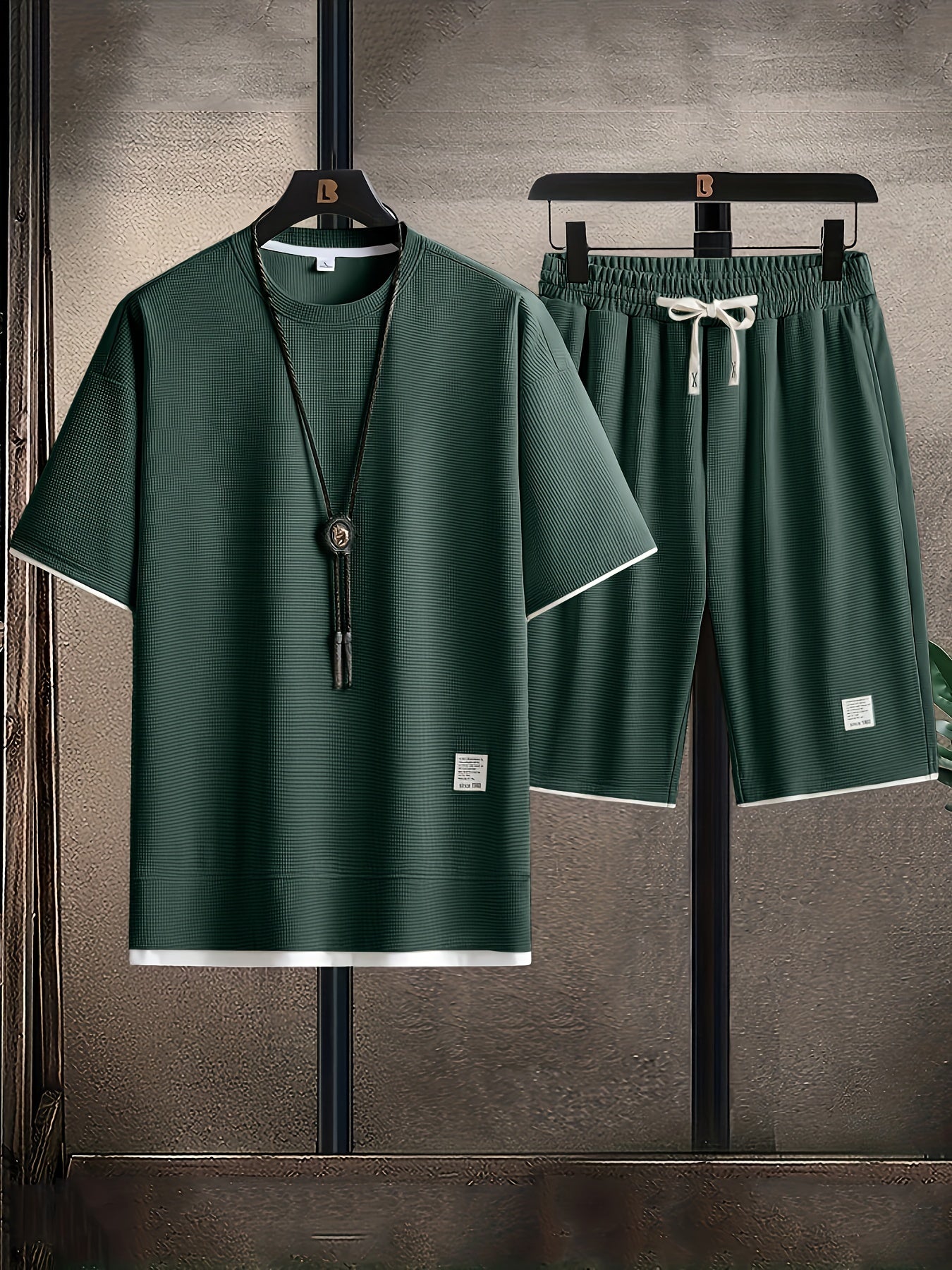 Waffle Grid Men's Trendy Round Neck T-shirt Breathable Casual Sports Suit Loose Two-Piece Set