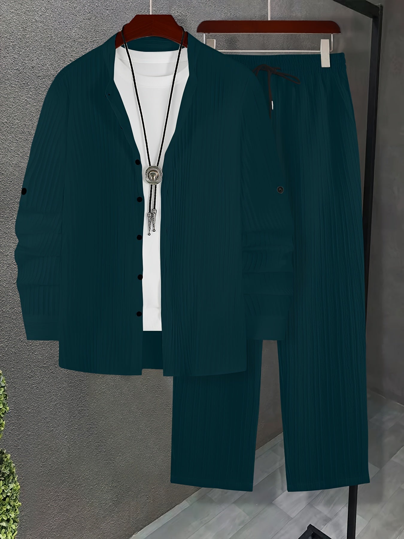 Men'S Two-Piece Set Featuring Textured Fabric, Versatile Long-Sleeve Shirt with Ear Loops, And Loose Drawstring Casual Pants.
