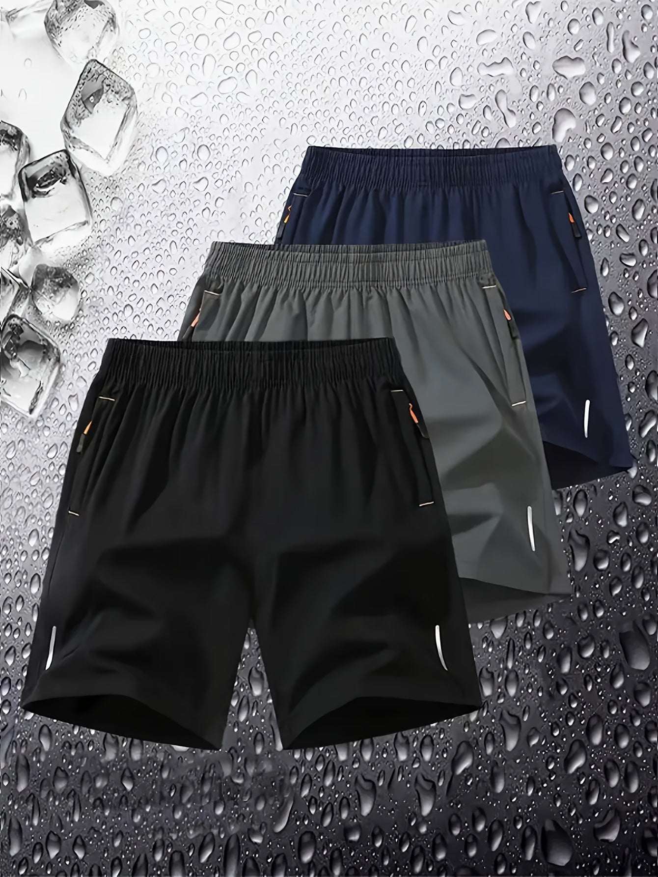 3-Pack Men'S Fashion Sports Casual Shorts, 97% Polyester 3% Elastane, Solid Color, Zipper Detail, Woven Fabric, Slight Stretch, Loose Fit, 117g/m² Weight