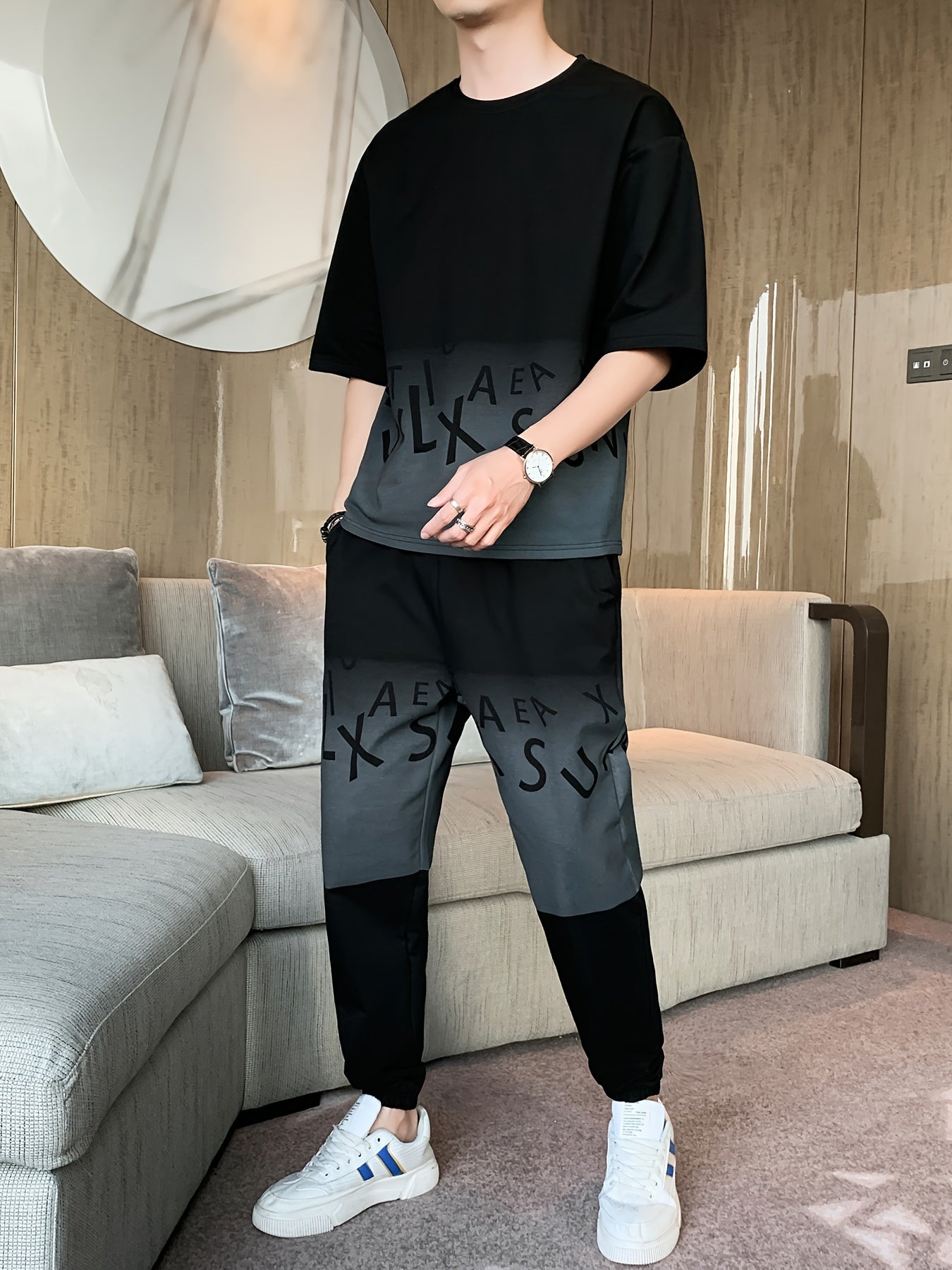 Men's Summer Casual Cotton Blend Outfit Set - Gradient Color Short Sleeve T-Shirt & Stylish Drawstring Shorts, Machine Washable