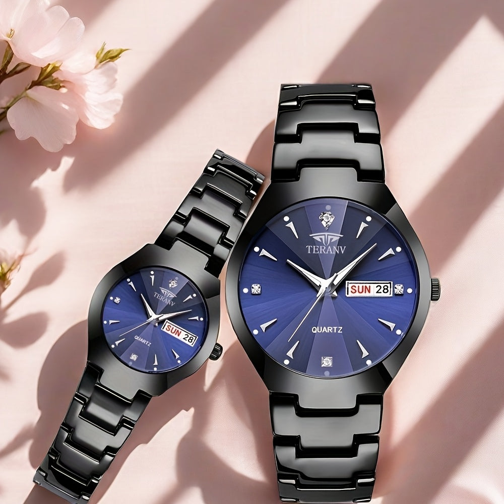 2pcs Couple Watches for Men & Women - Stainless Steel Strap, Rhinestone Accents, Luminous HD Display with Week Calendar, Quartz Movement, Elegant Gift for Valentine's Day, Mother's Day, Father's Day, Special Occasion Watch |