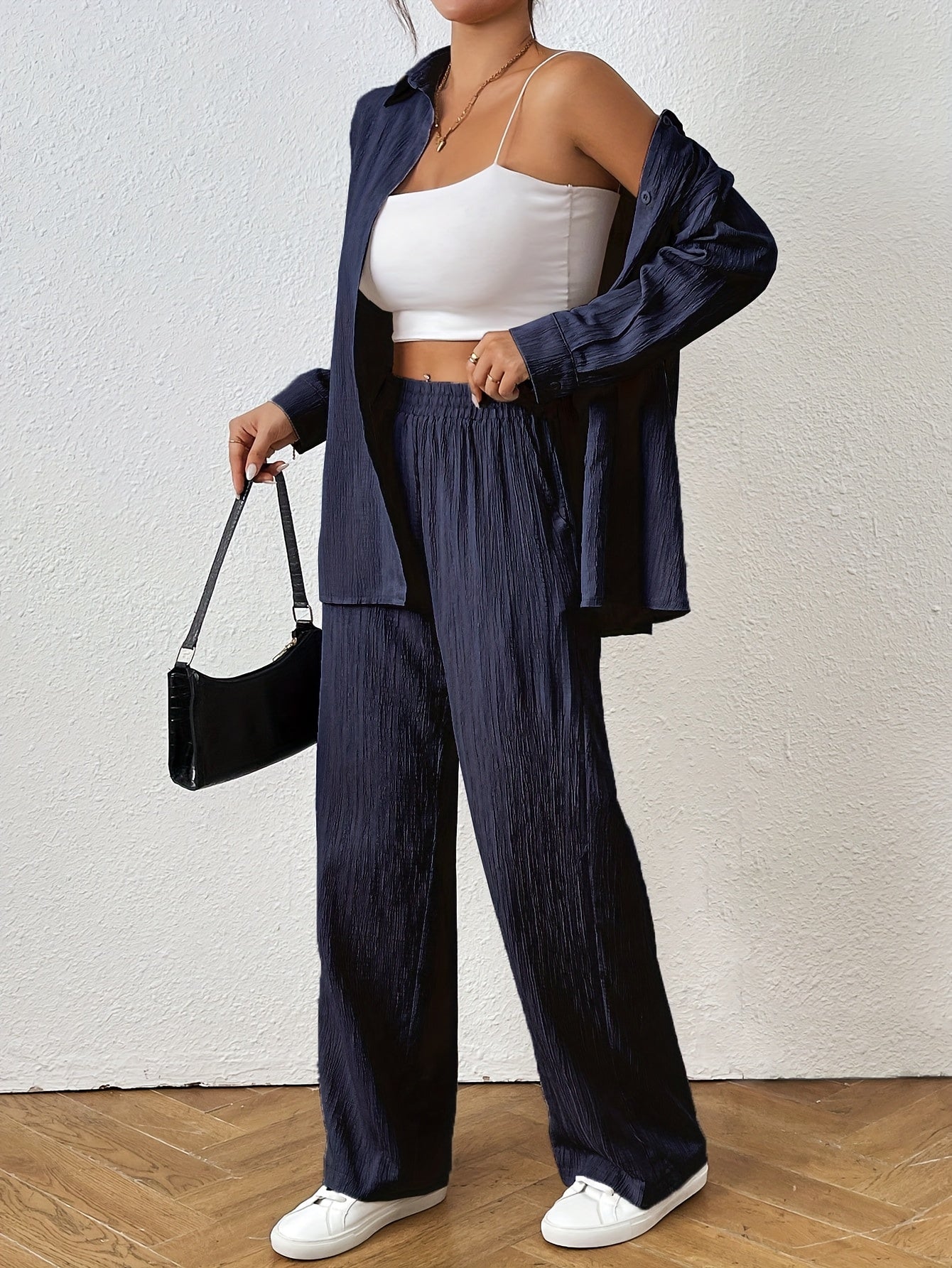 2pcs Women Spring & Autumn Casual Solid Color Long Sleeve Shirt And Pants Set