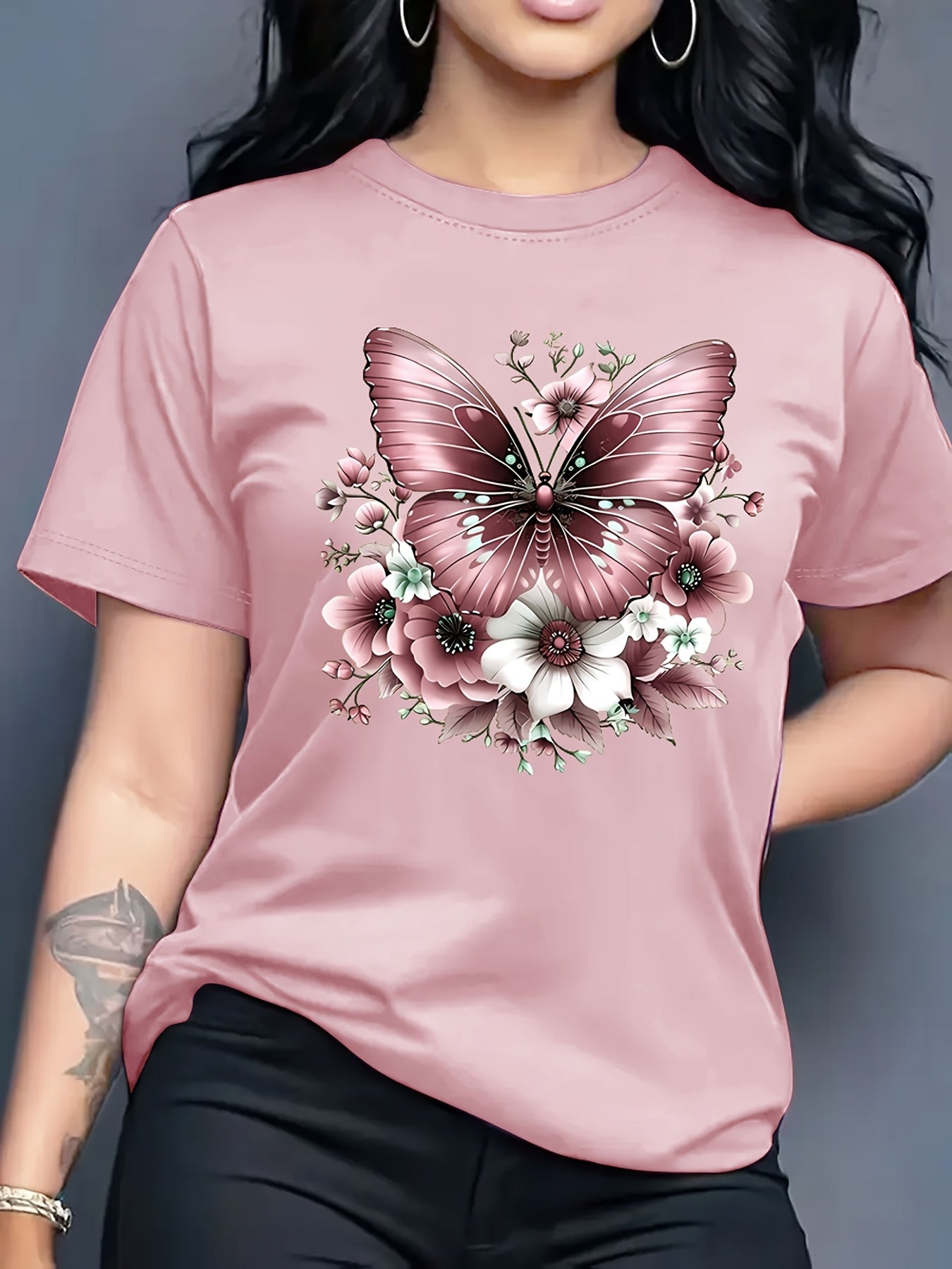 Women'S Floral Butterfly Print T-Shirt, Short Sleeve Crew Neck Casual Top for Spring & Summer, Vibrant Green with White & Blue Flowers, Perfect Birthday or Holiday Gift, Everyday Fashion | Vibrant Casual Top | Glossy Texture