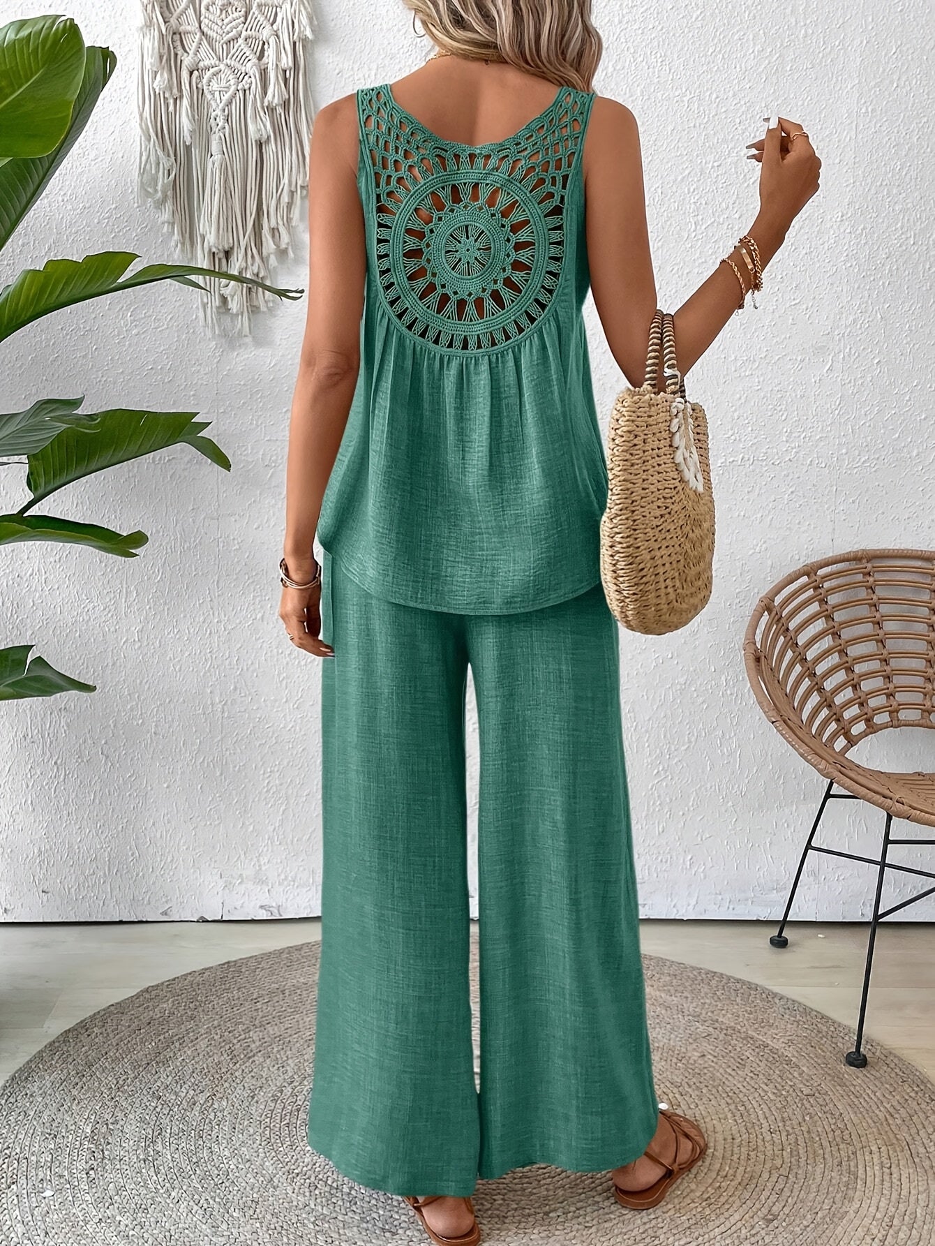 Women'S Summer Backless Cut-Out Panel Tank Top + Wide Leg Pants Set - Casual, Simple, Sleeveless, Polyester, Light Beige, Perfect for Spring/Summer, Casual Attire|Backless Top|Polyester Fabri