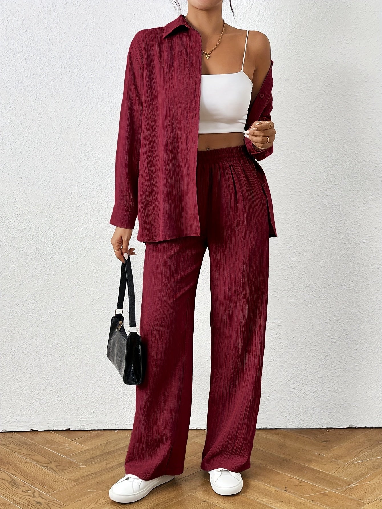 2pcs Women Spring & Autumn Casual Solid Color Long Sleeve Shirt And Pants Set