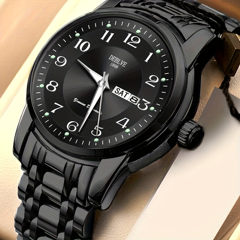 DEBLVE Men'S Fashionable Stainless Steel Watch with Luminous Numbers, Calendar & Week Display - Quartz Movement, Business Style, Ideal for Travel & Daily Use