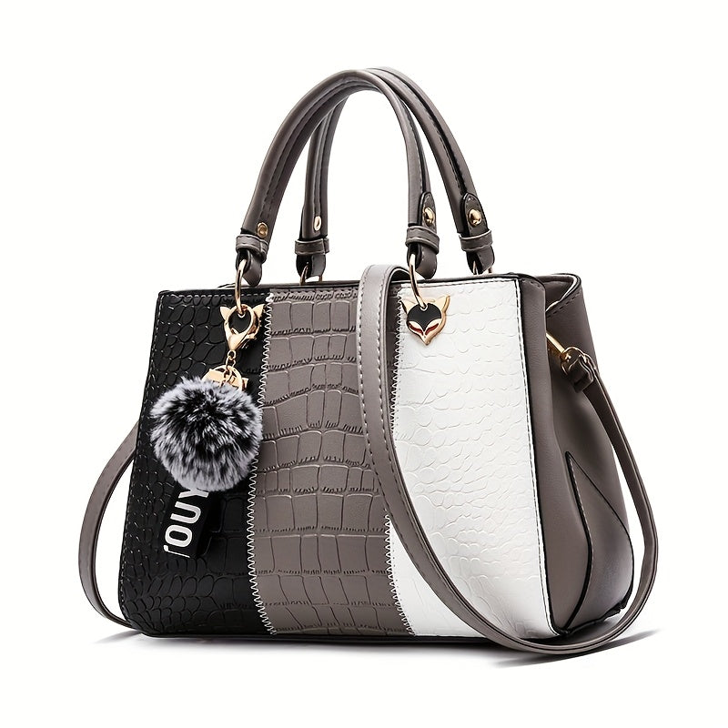 Cocogigi Elegant Women'S Crocodile Pattern Handbag with Removable Strap, Large Capacity, Black & White Design, Stylish Handbag for Mom, Friend, Or Gift, Crocodile Texture