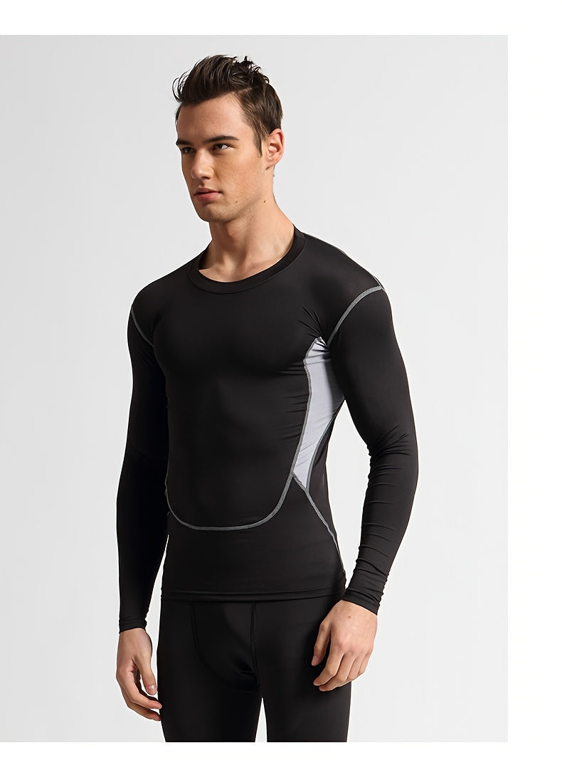 Men'S 3pcs Athletic Set, Breathable Mesh Long Sleeve Top, Skinny Fit Polyester & Spandex, Crew Neck, Solid Color, High Stretch, for Running, Basketball, Hiking, Training - Fall/Winter Sports Outfit