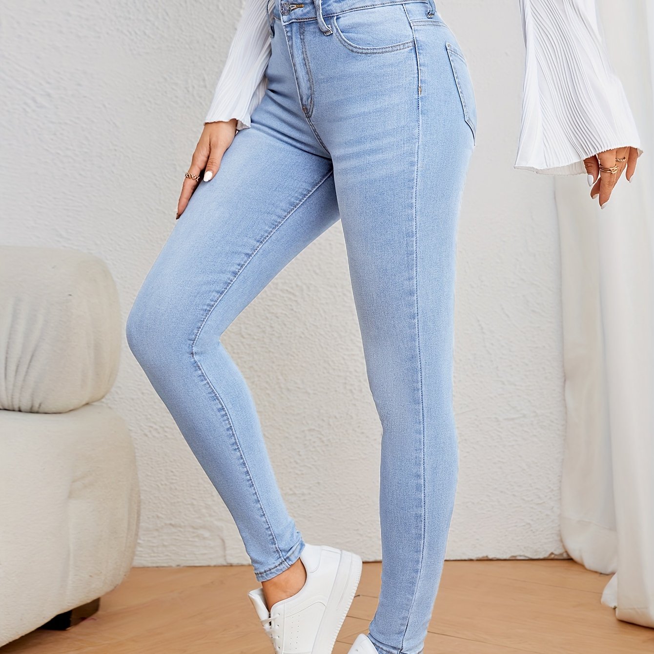 Women's Casual Plain Light Blue Skinny Jeans, Stretchy Denim Pants, Classic Design, High Waist Slim Fit For Everyday Fashion - Perfect For Fall & Winter